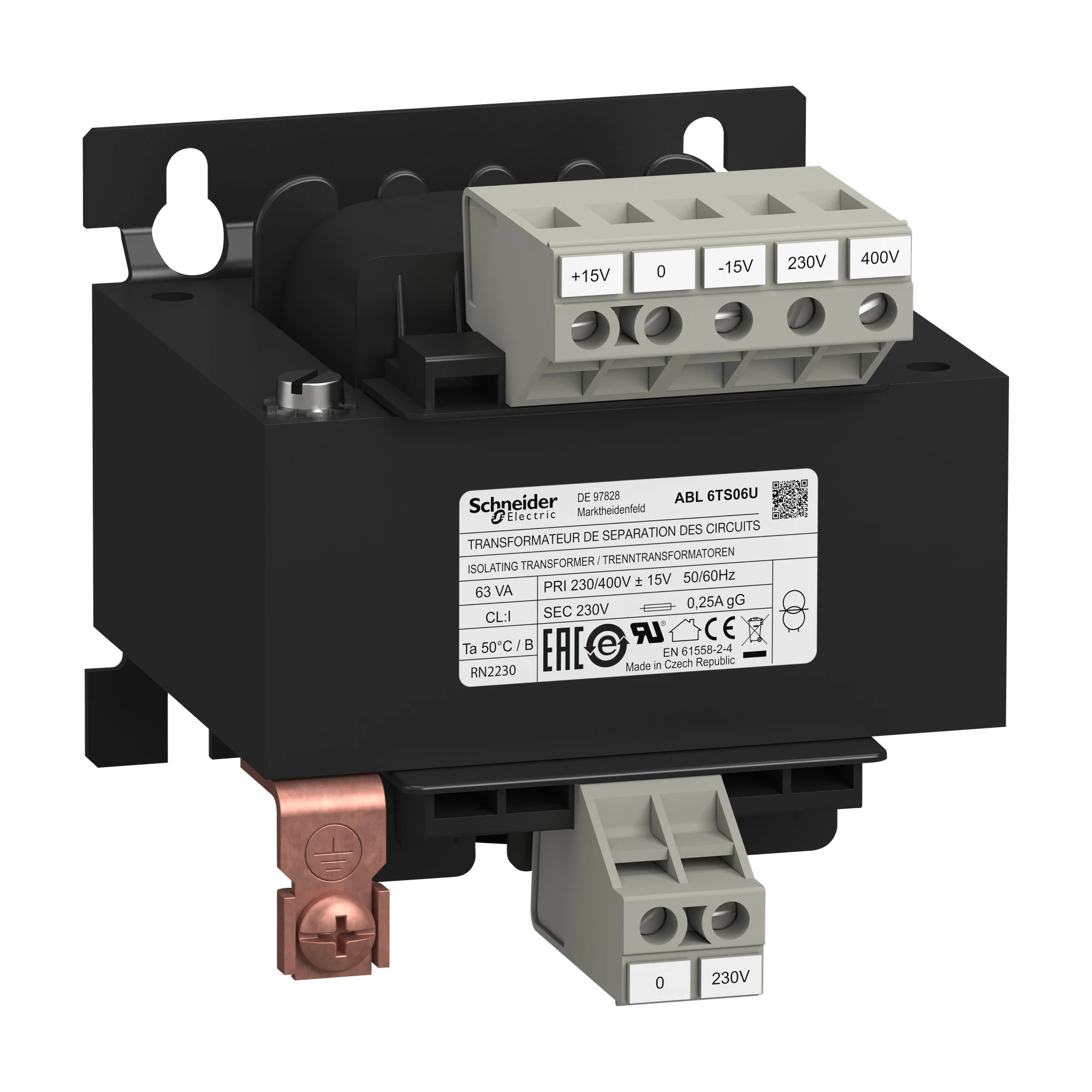 Schneider Electric ABL6TS06U Safety Isolation Transformer, Modicon ABL6, Input 230/400V AC, Output 230V AC, 63VA (img_001)