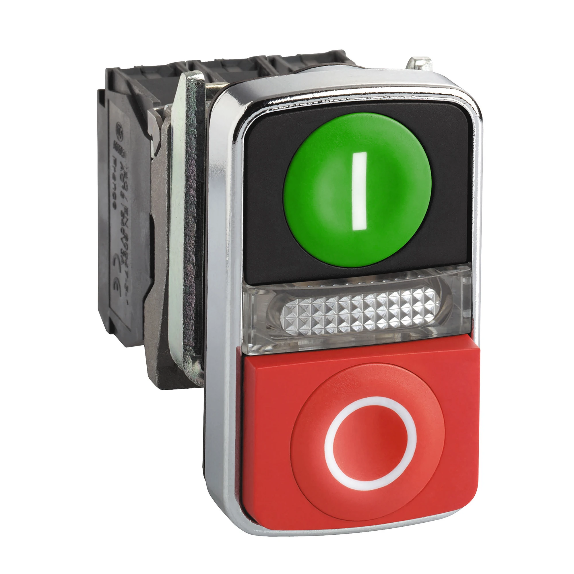 Schneider Electric XB4BW73731B5 Double Push Button, Harmony XB4, Metal, 22mm, Green, Red, Labelled I/O, Illuminated, Momentary, 1NO+1NC, 24V ACDC (img_001)