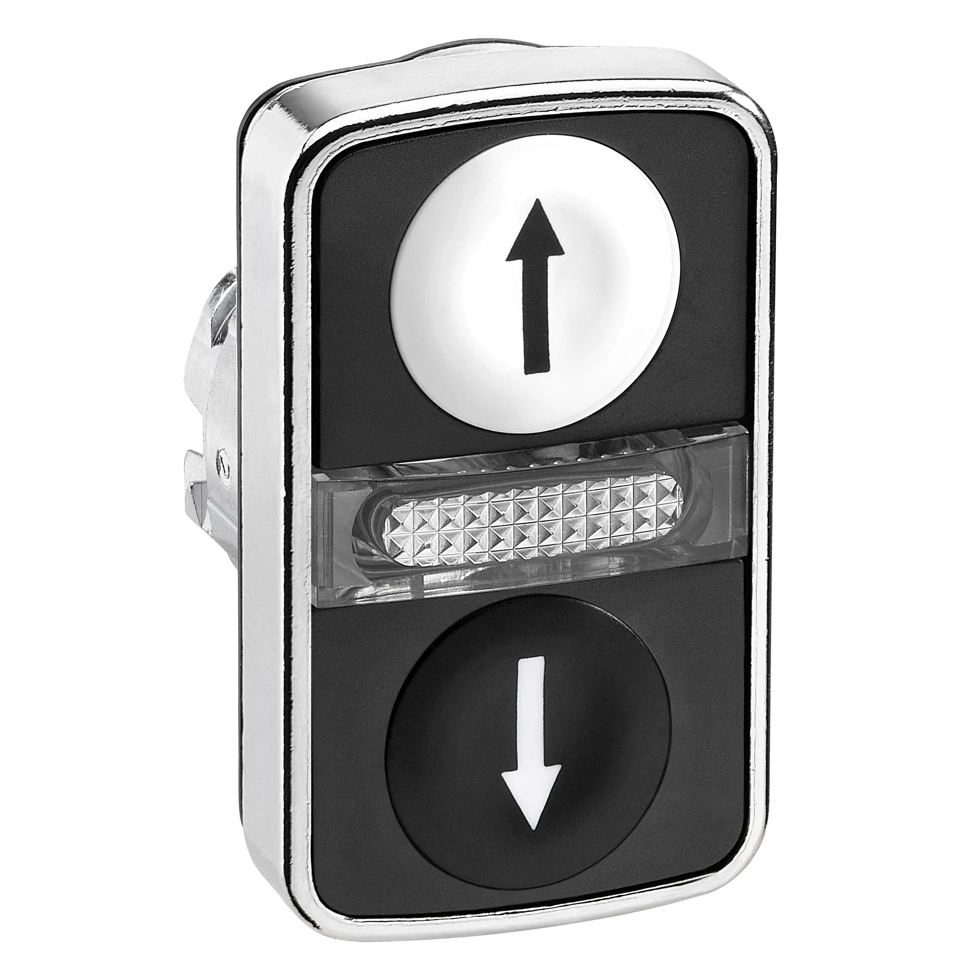 Schneider Electric ZB4BW7A1724 Double Push Button, Front Element, Harmony XB4, Metal, 22mm, Black, White, labeled arrow up/down, illuminated (img_001) Schneider Electric ZB4BW7A1724 Double Push Button, Front Element, Harmony XB4, Metal, 22mm, Black, White, labeled arrow up/down, illuminated (img_001)