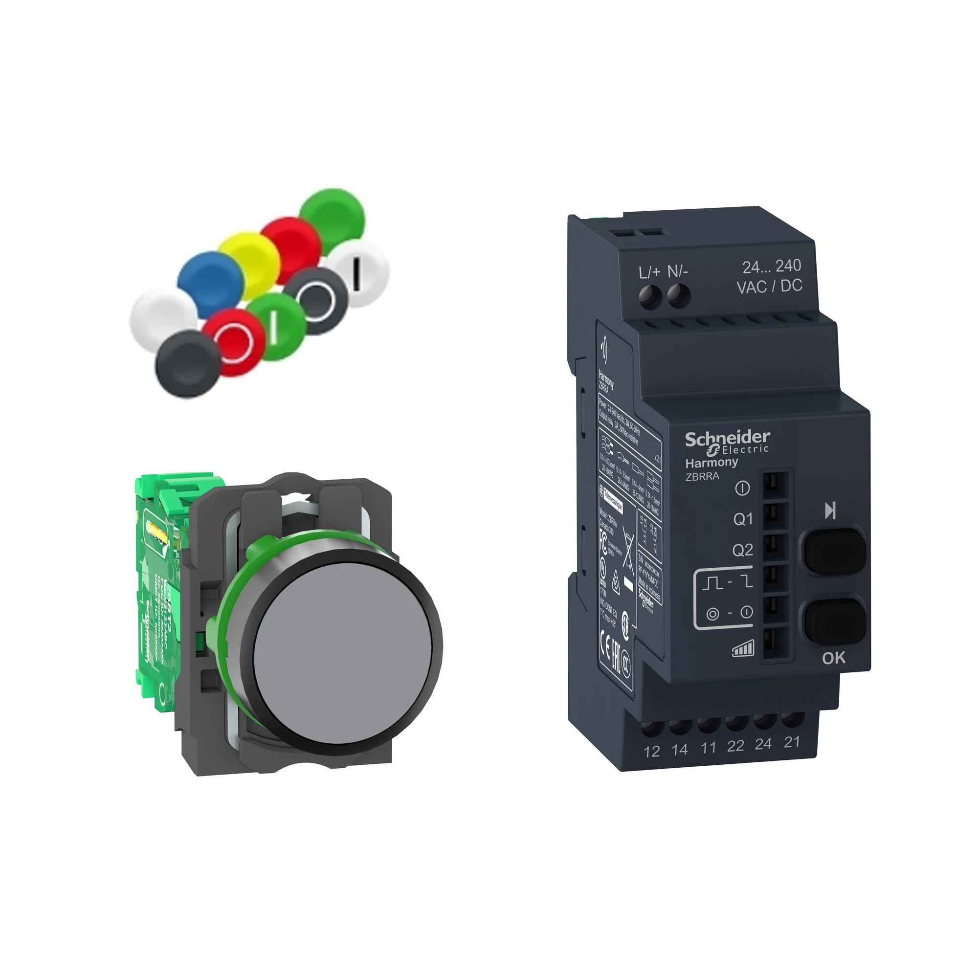 Schneider Electric XB5RFA02 Combo package, wireless pushbutton, receiver, programmable, plastic, Ø22mm, 24-240V ACDC, 10 colored cap set (img_001) Schneider Electric XB5RFA02 Combo package, wireless pushbutton, receiver, programmable, plastic, Ø22mm, 24-240V ACDC, 10 colored cap set (img_001)