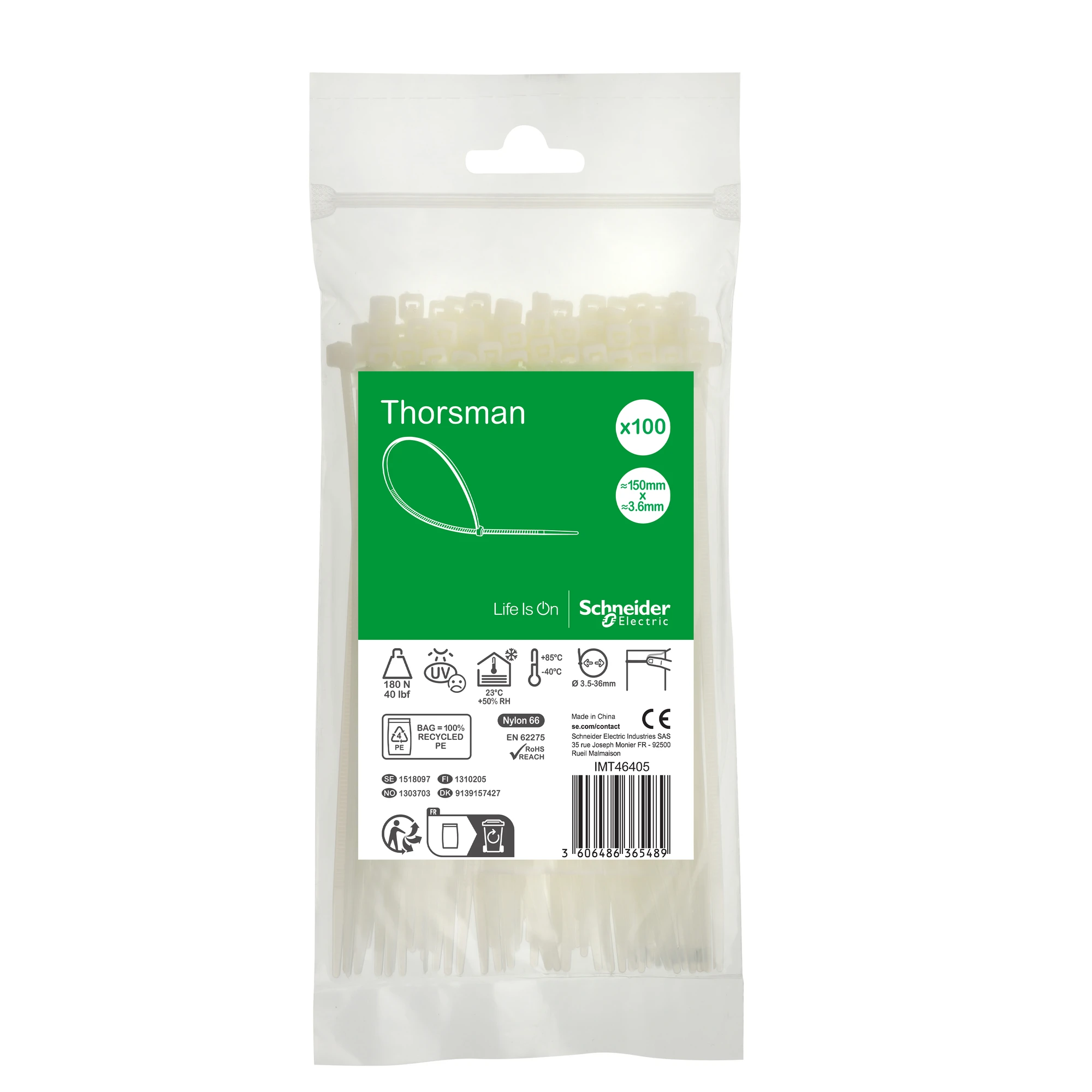 Schneider Electric IMT46405 Thorsman Cable Tie, Dimension: 150X3.6 mm, Pack of 100 Pieces Color: clear (img_001) Schneider Electric IMT46405 Thorsman Cable Tie, Dimension: 150X3.6 mm, Pack of 100 Pieces Color: clear (img_001)