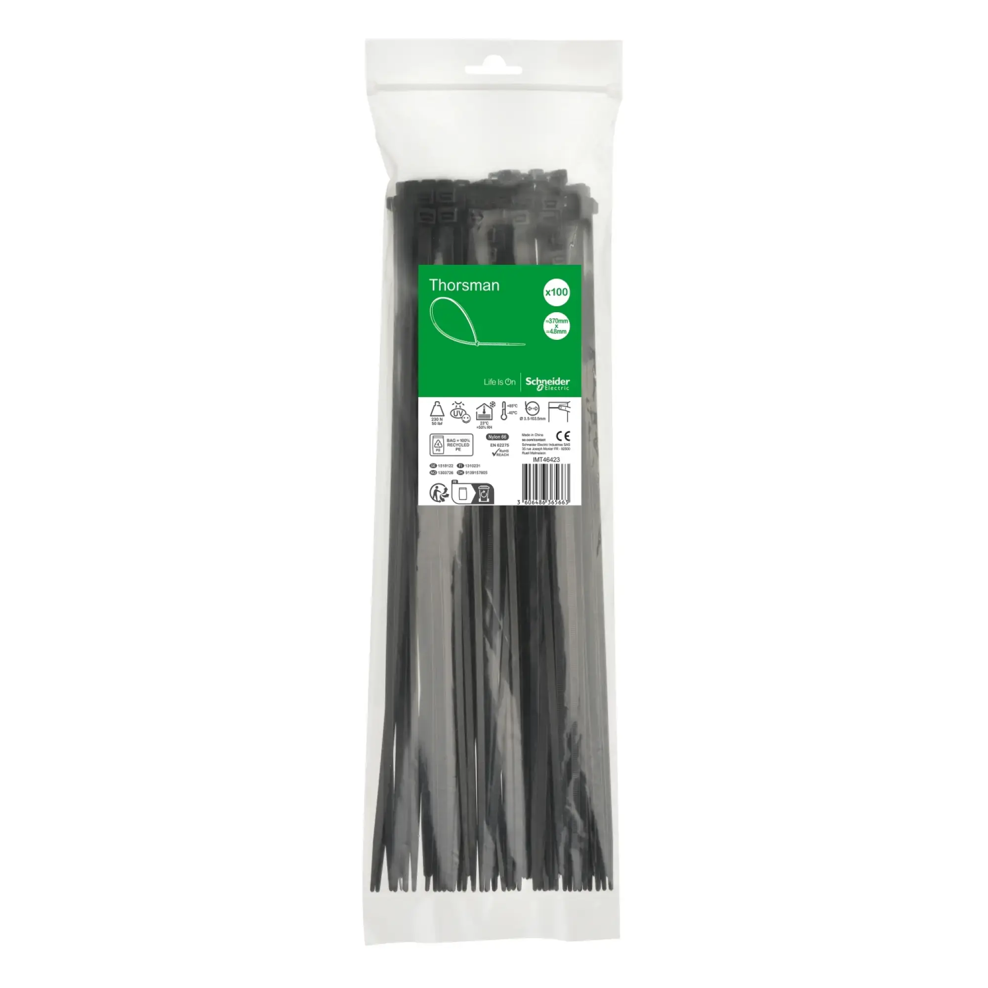 Schneider Electric IMT46423 Thorsman Cable Ties, Dimension: 370X4.8 mm, Pack of 100 Pieces Color Black (img_002) Schneider Electric IMT46423 Thorsman Cable Ties, Dimension: 370X4.8 mm, Pack of 100 Pieces Color Black (img_002)