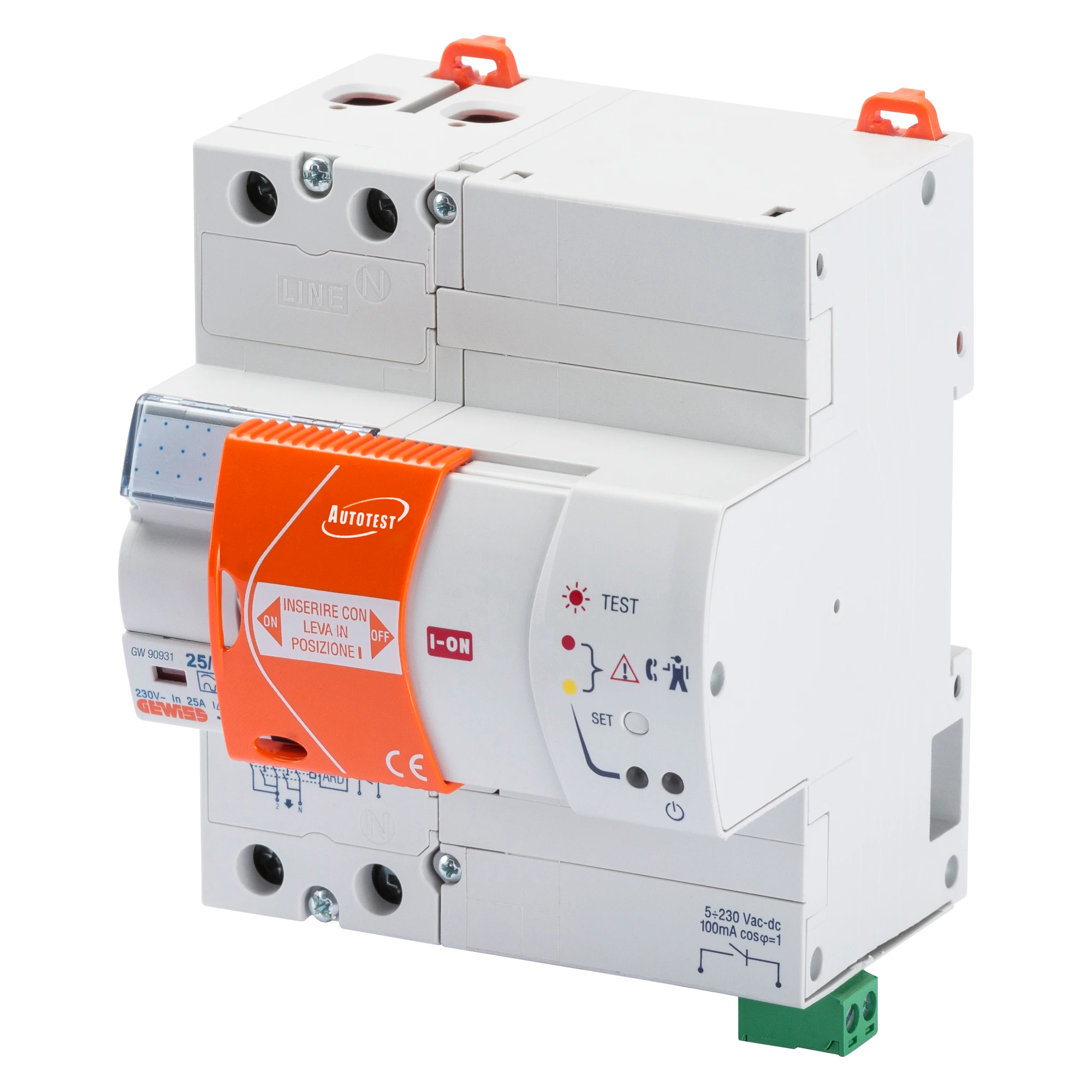 GEWISS GW90932B AUTOTEST WITHOUT AUTOMATIC RECLOSING - 2 POLES - 40A Idn=0,03 - [IR] 400 V - 7 MODULES EN 50022 (img_001)