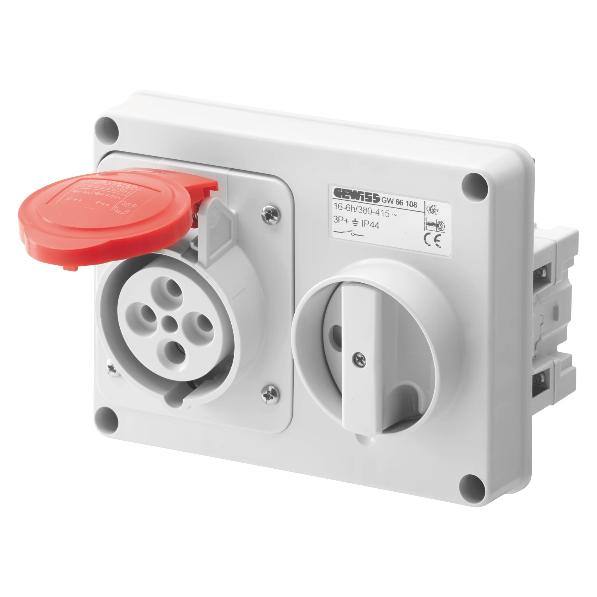 GEWISS GW66119 FIXED INTERLOCKED HORIZONTAL SOCKET-OUTLET - WITHOUT BOTTOM - WITHOUT FUSE-HOLDER BASE - 3P+E 32A 380-415V - 50/60HZ 6H - IP44 (img_001)