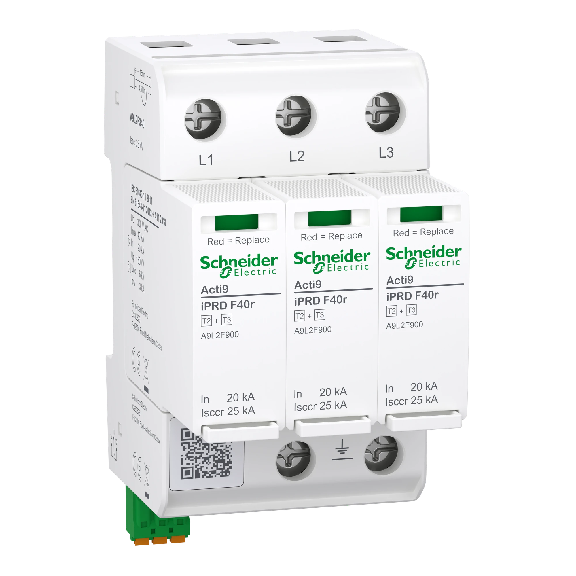 Schneider Electric A9L2F340 Surge Protection Device, Acti9 iPRD F40r, Type 2+3, Plug-in Protection Modules, 3P, Imax 40kA, Integrated Fuse, FM Contact (img_001) Schneider Electric A9L2F340 Surge Protection Device, Acti9 iPRD F40r, Type 2+3, Plug-in Protection Modules, 3P, Imax 40kA, Integrated Fuse, FM Contact (img_001)