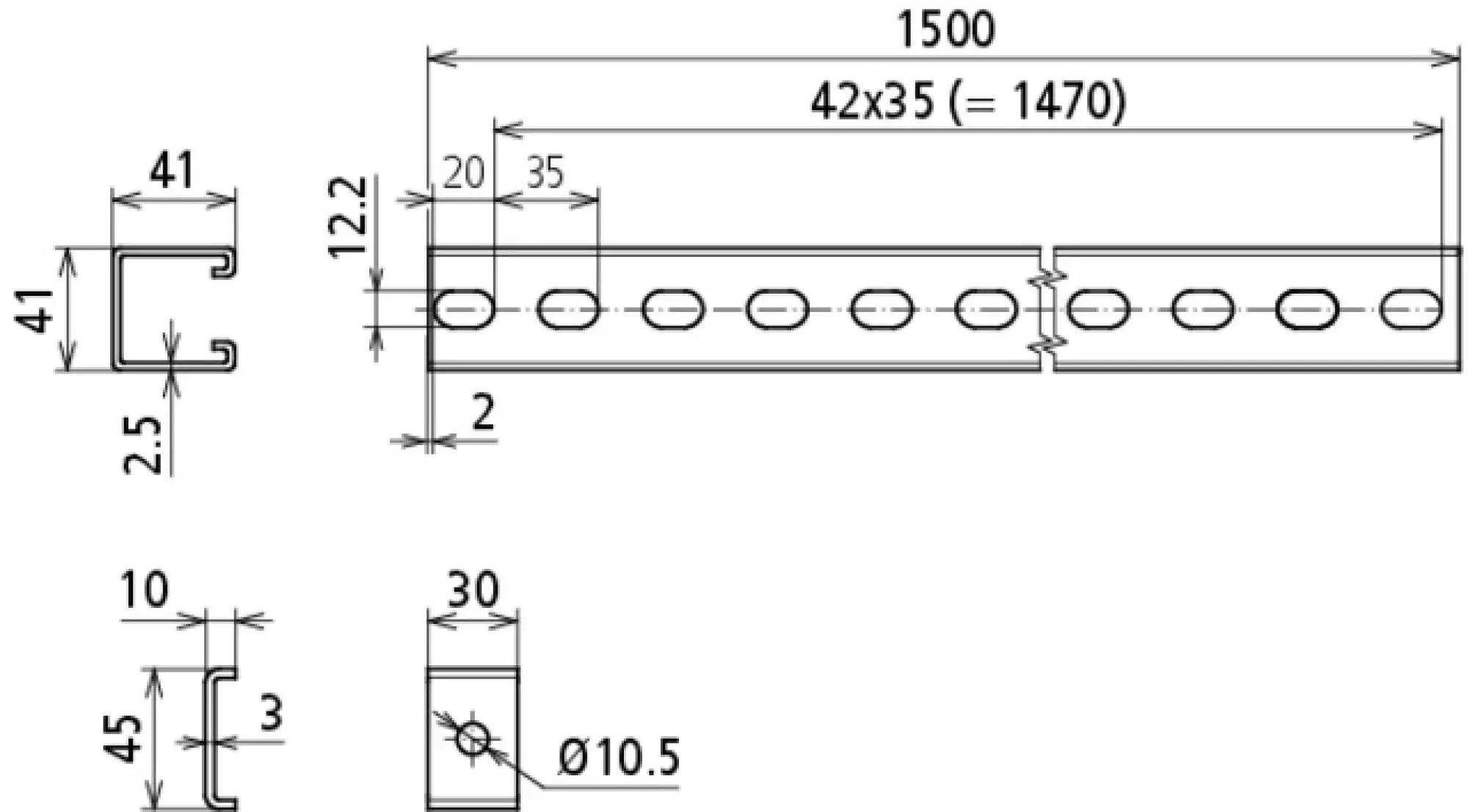 Dehn 123051 C-rails L 1500mm StSt (V4A) including retaining clips, screws and nuts (img_002)