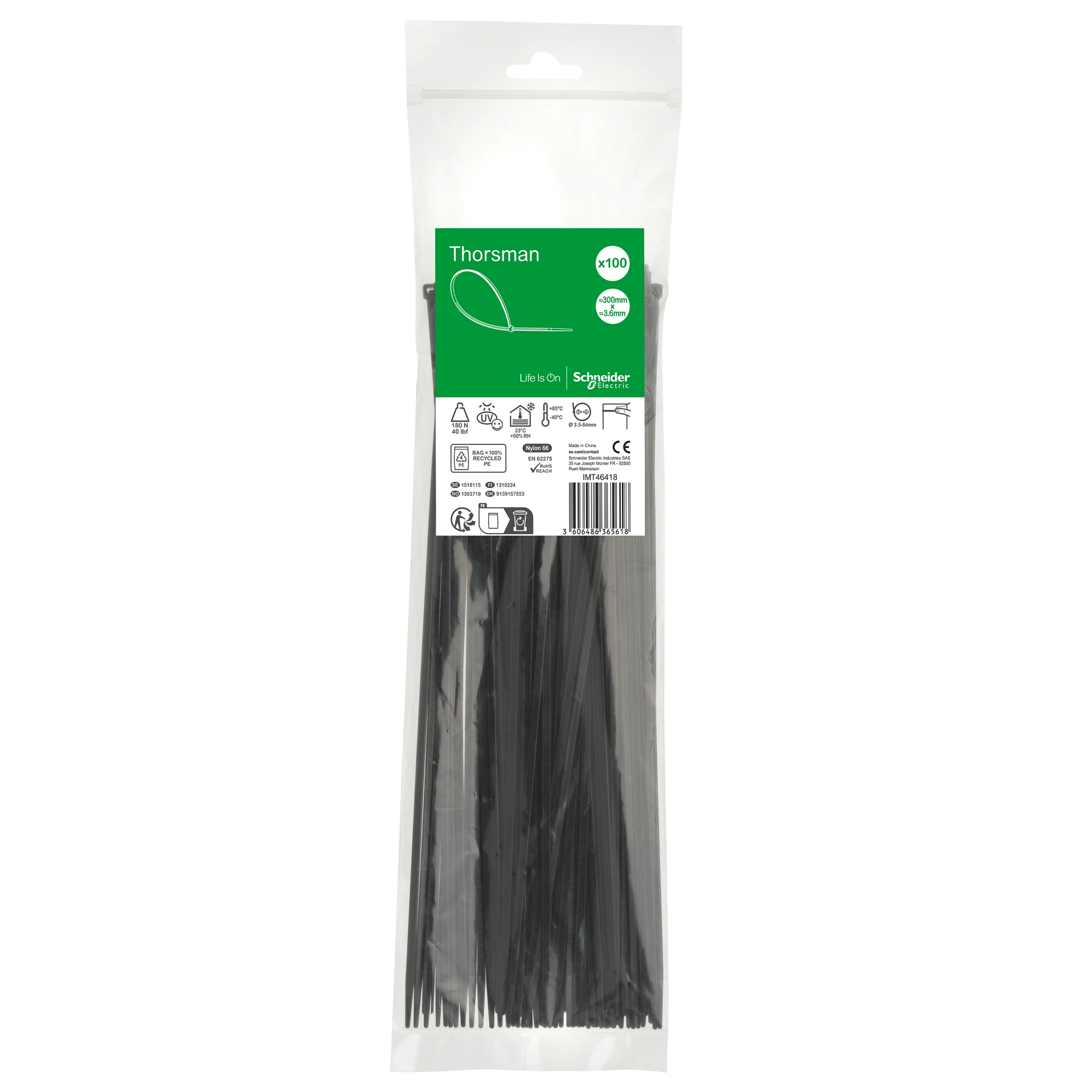Schneider Electric IMT46418 Thorsman Cable Ties, Dimensions: 300X3.6 mm, PCK=100 pieces Color black (img_001) Schneider Electric IMT46418 Thorsman Cable Ties, Dimensions: 300X3.6 mm, PCK=100 pieces Color black (img_001)