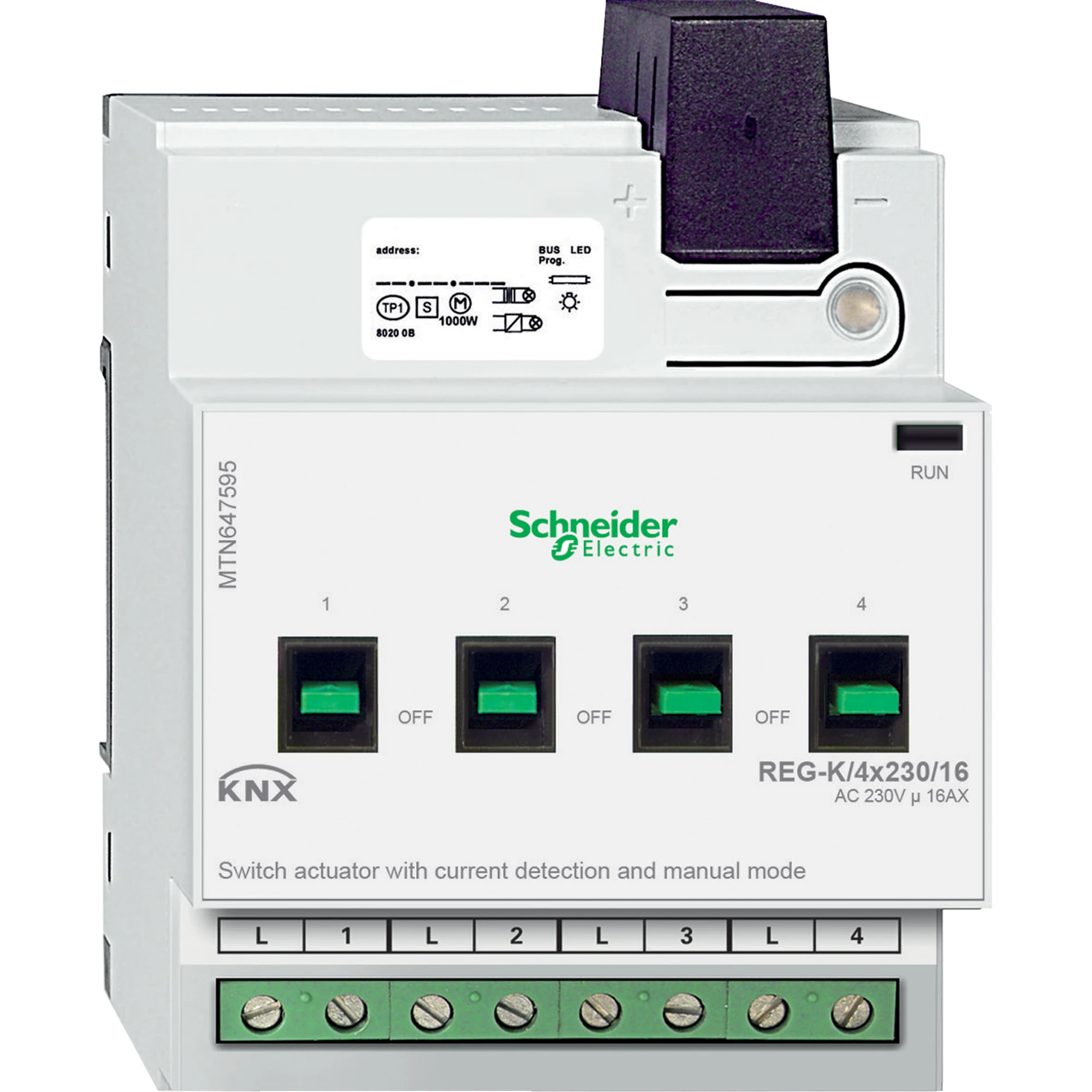 Schneider Electric MTN647595 Switching actuator REG-K/4x230/16 with manual operation and current detection, light grey (img_001) Schneider Electric MTN647595 Switching actuator REG-K/4x230/16 with manual operation and current detection, light grey (img_001)