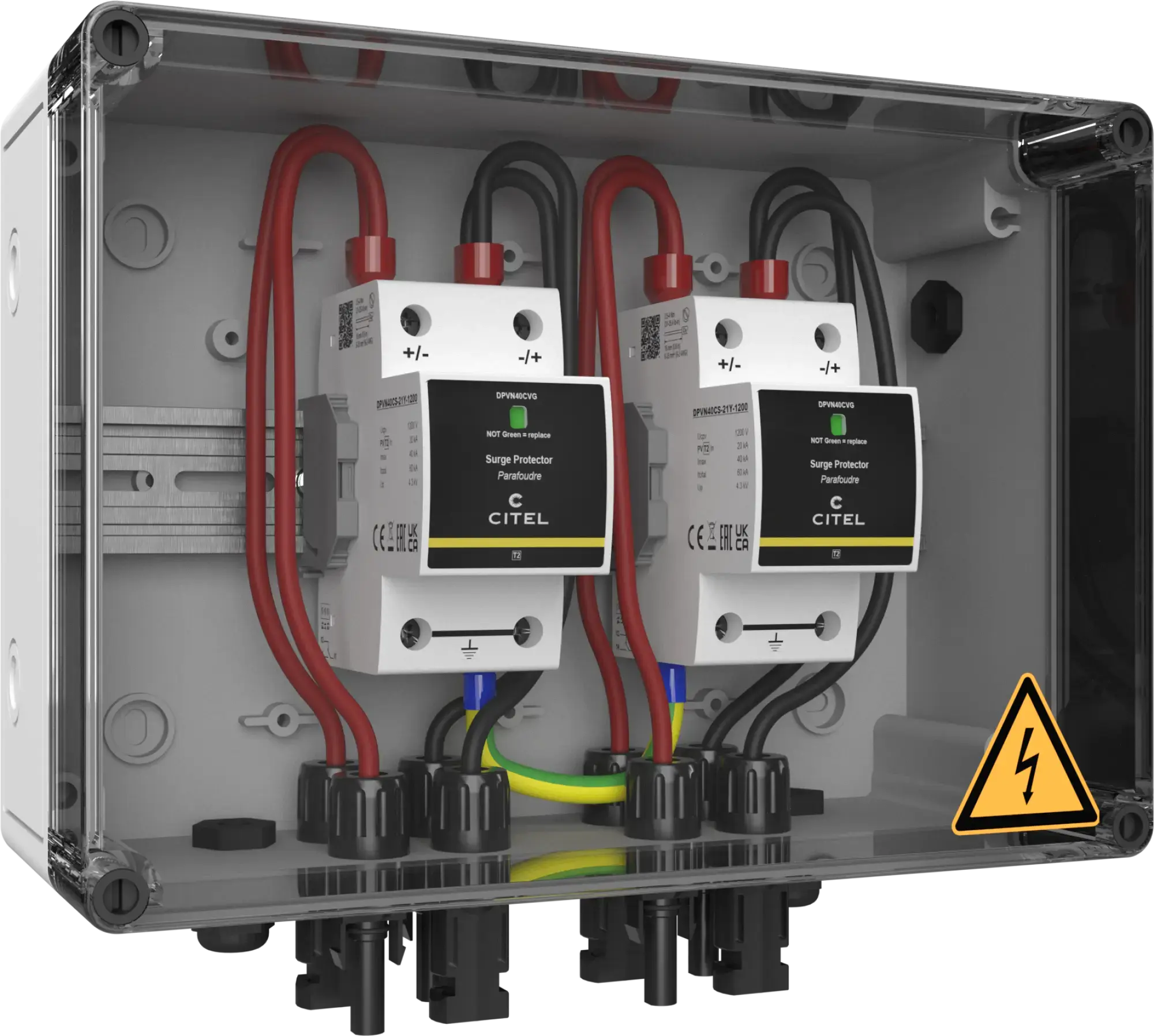 Citel 156622 Generatoranschlusskasten mit SPD Typ 2+3 bis 1200 VDC, 2-MPPT, 1 String MC4 (img_001) Citel 156622 Generatoranschlusskasten mit SPD Typ 2+3 bis 1200 VDC, 2-MPPT, 1 String MC4 (img_001)