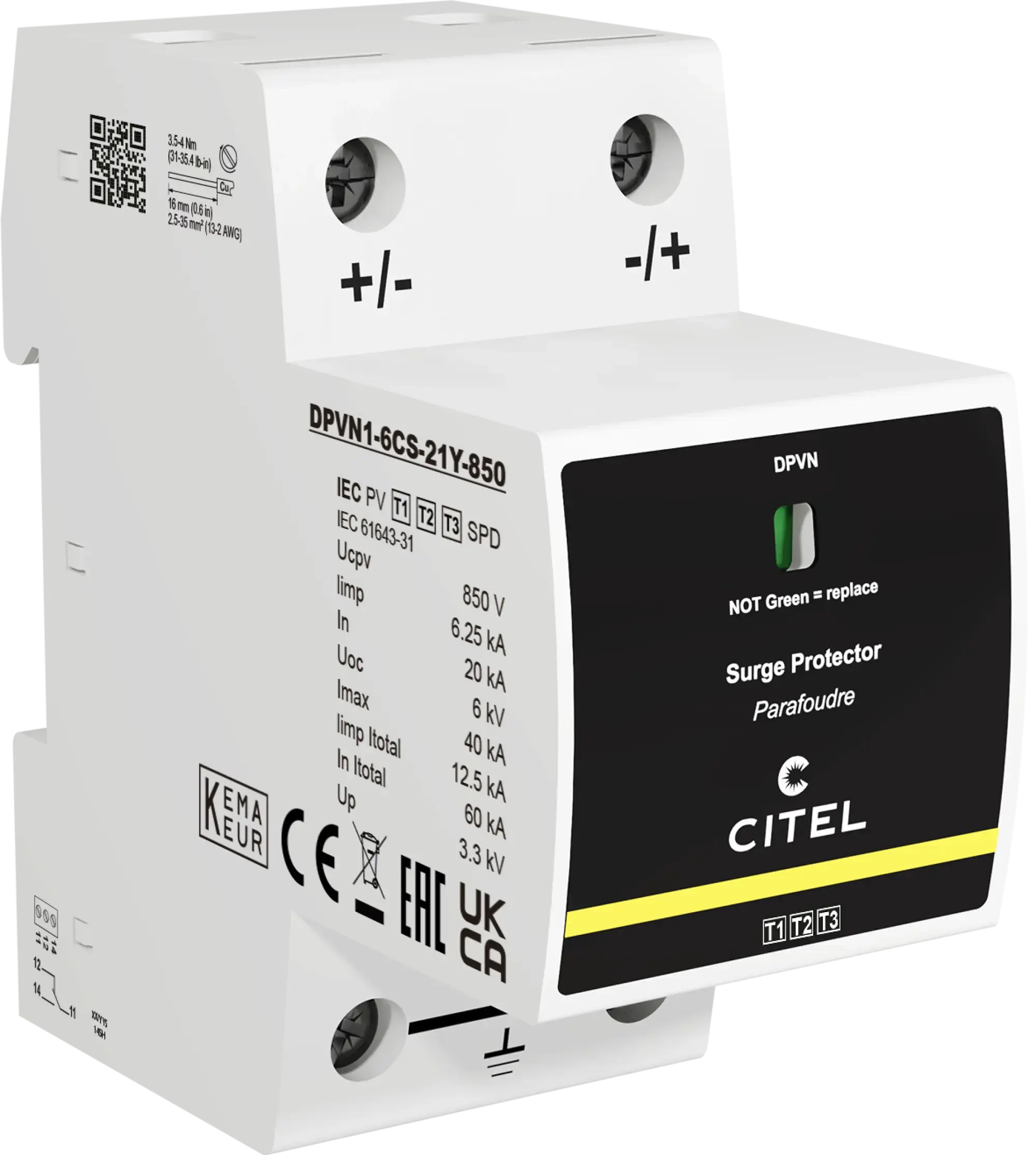 Citel 65212104 Kombi-Ableiter 2-polig Typ 1+2+3 für DC-Anwendungen bis 850 VDC, FS-Kontakt (img_001)