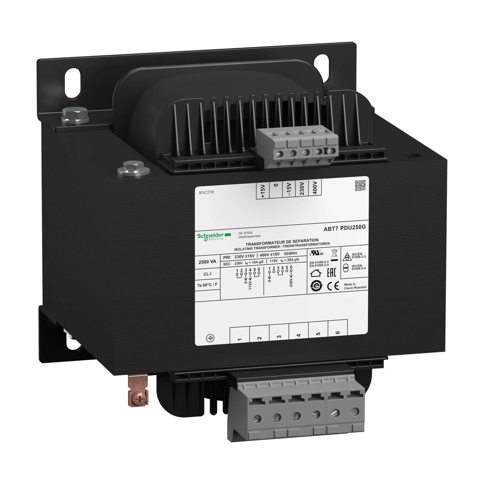 Schneider Electric ABT7PDU250G Safety isolation transformer, Modicon ABT7, Input 230/400V AC, Output 2x 115V AC, 2.5kVA (img_001)