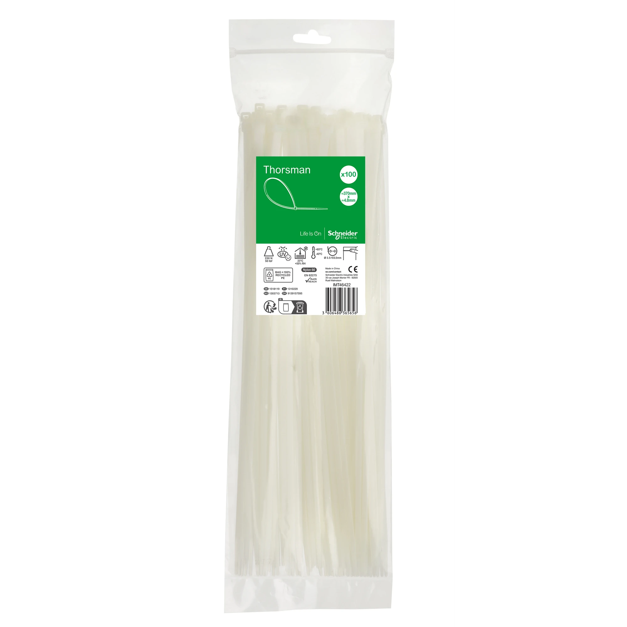 Schneider Electric IMT46422 Thorsman Cable Ties, Dimensions: 370X4.8 mm, pack of 100 pieces, Color: transparent (img_001) Schneider Electric IMT46422 Thorsman Cable Ties, Dimensions: 370X4.8 mm, pack of 100 pieces, Color: transparent (img_001)