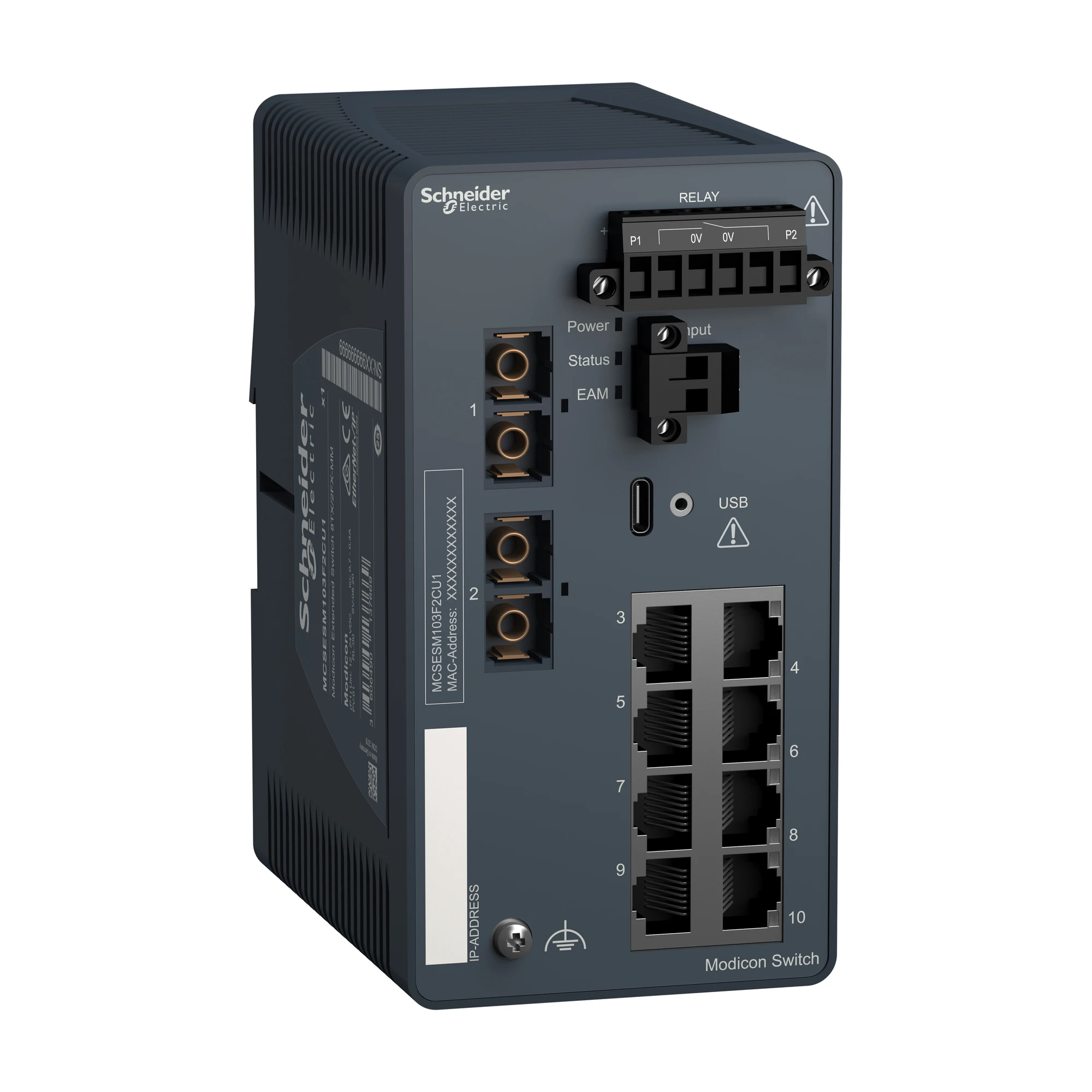 Schneider Electric MCSESM103F2CU1 Modicon Extended Managed Switch, 8 Ports for Copper (8TX 10/100 Mbps) + 2 for Multimode Fiber (2FX-MM 100 Mbps) (img_001) Schneider Electric MCSESM103F2CU1 Modicon Extended Managed Switch, 8 Ports for Copper (8TX 10/100 Mbps) + 2 for Multimode Fiber (2FX-MM 100 Mbps) (img_001)