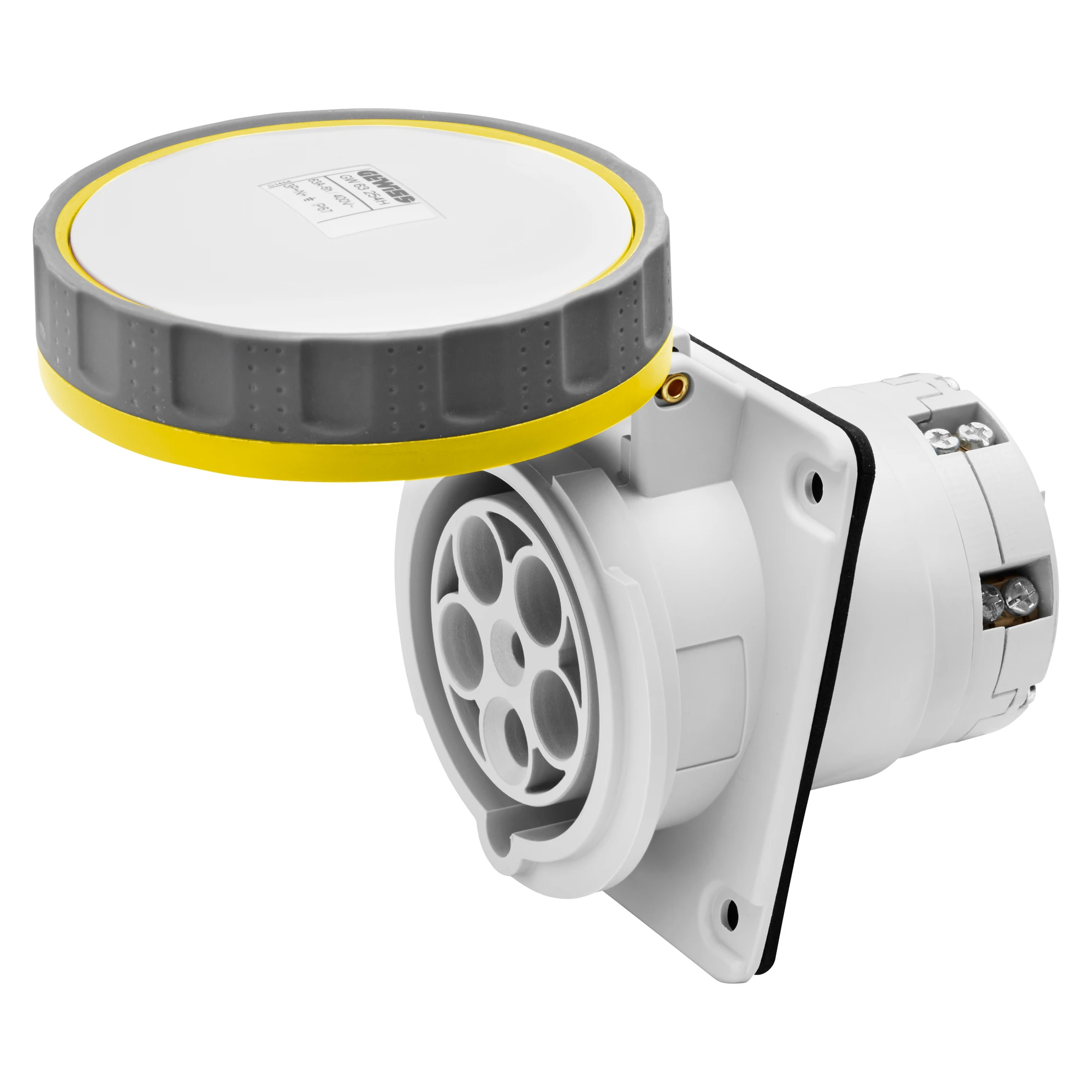 GEWISS GW62257H 10° ANGLED FLUSH-MOUNTING SOCKET-OUTLET HP - IP66/IP67 - 3P+E 125A 100-130V 50/60HZ - YELLOW - 4H - MANTLE TERMINAL (img_001)