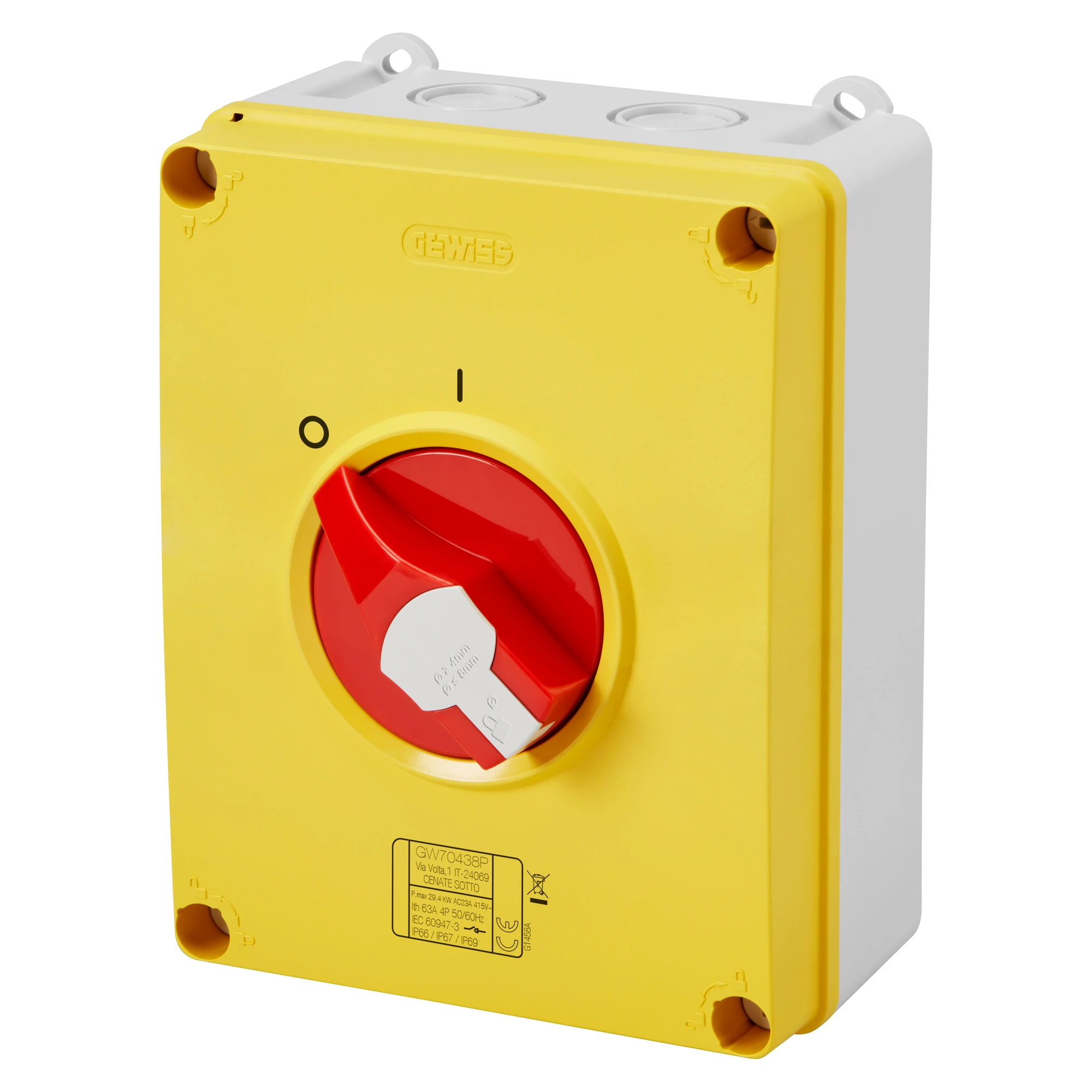 GEWISS GW70438P ROTARY ISOLATOR SWITCH - HP - EMERGENCY - ISOLATING MATERIAL BOX - 63A 4P - LOCKABLE RED KNOB - IP66/67/69 (img_001)
