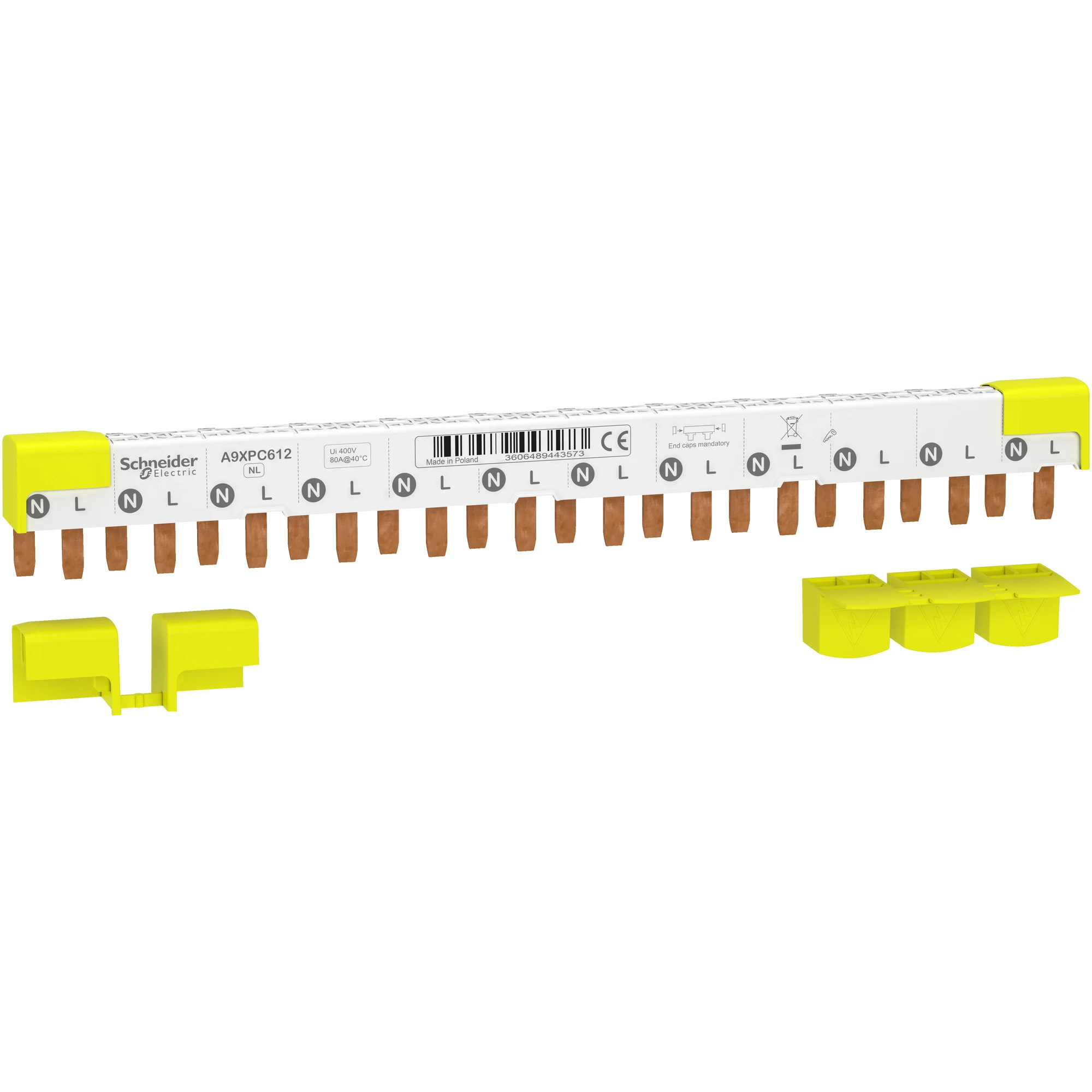 Schneider Electric A9XPC612 Acti9 phase bar pin, 1P+N, 9mm pin spacing, 80A, 12 modules, 4 end caps (img_001)