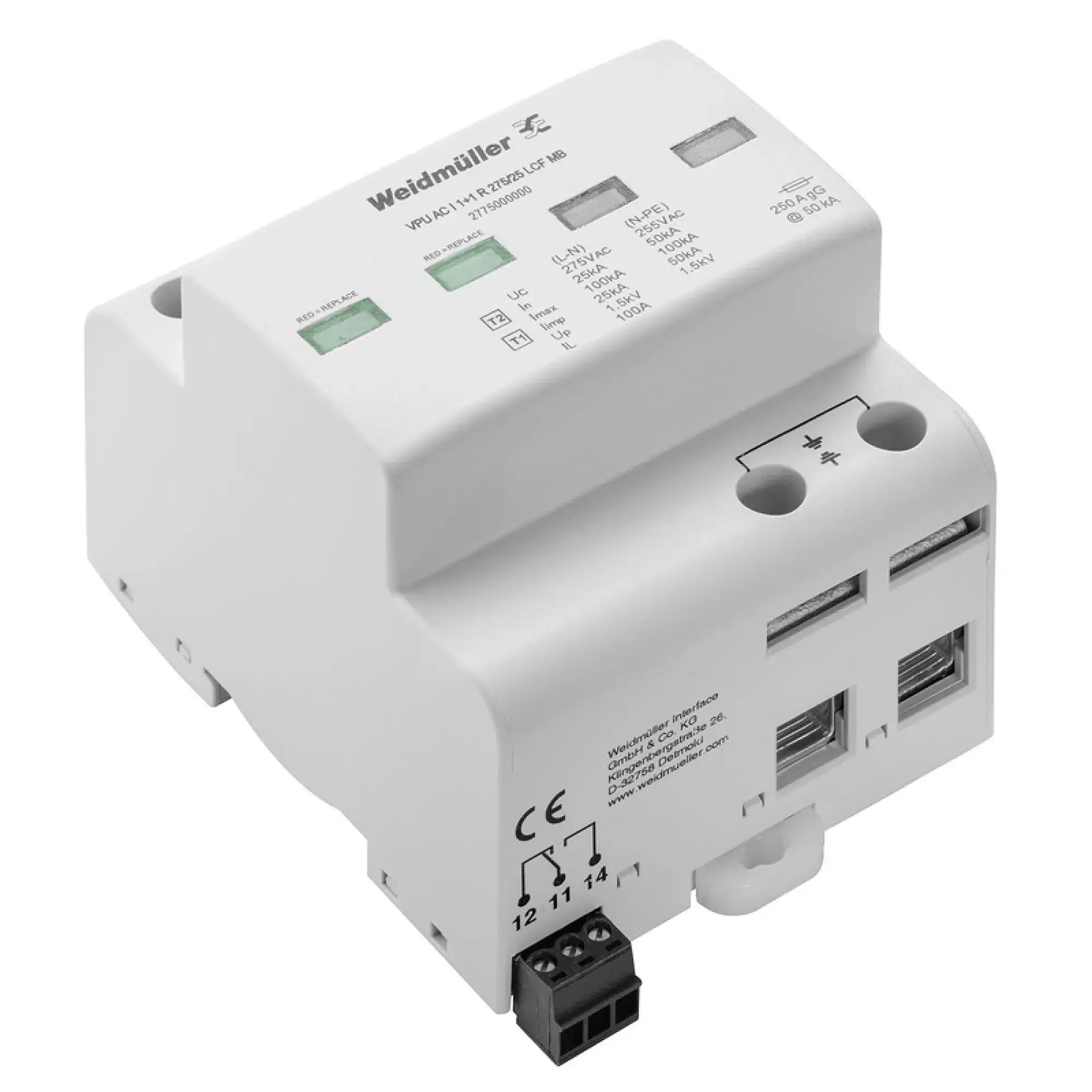 Weidmüller 2775000000 Surge voltage arrester (power supply systems), Surge protection, Leakage-current-free, with remote contact, Type I + II, Low voltage network: Single- (img_001)