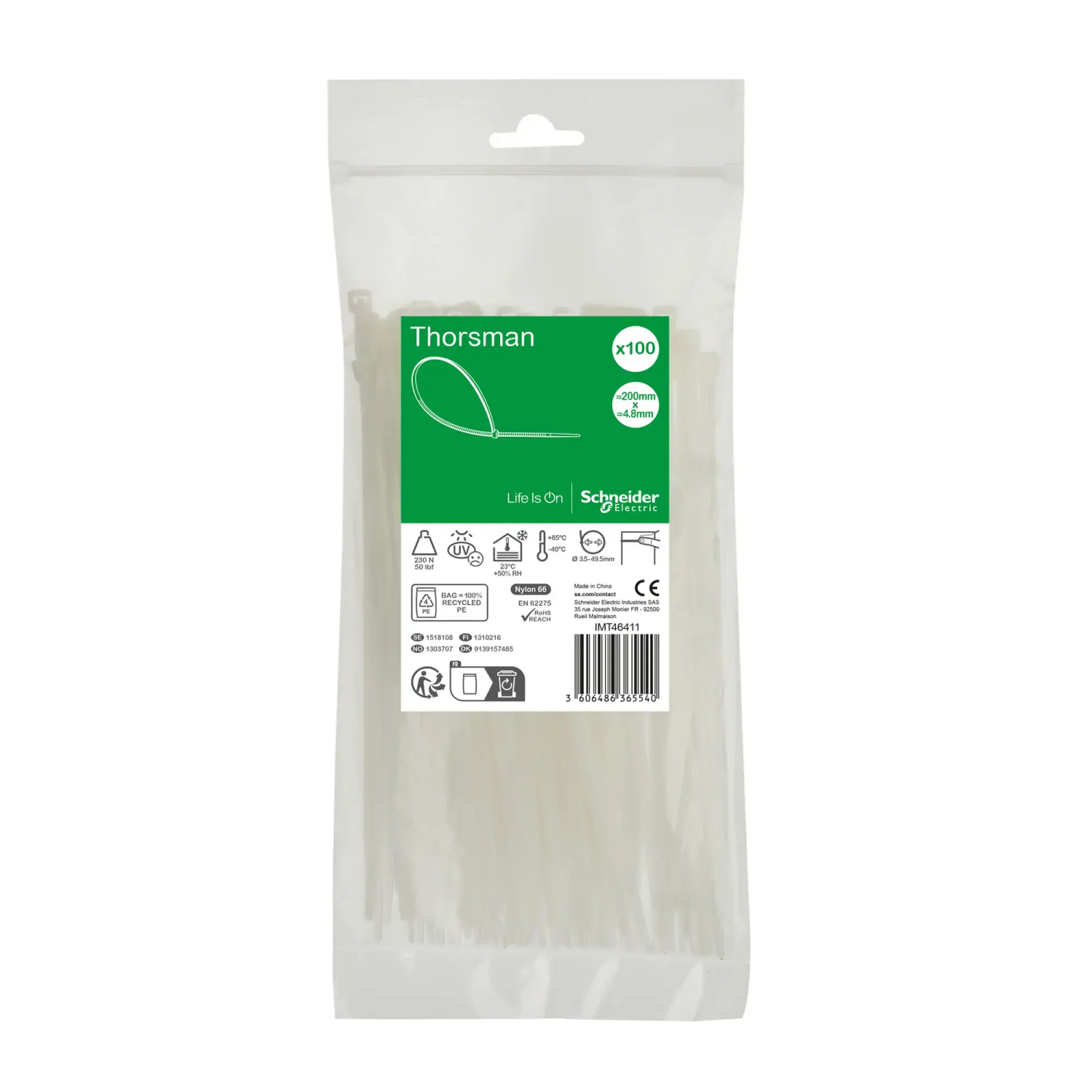 Schneider Electric IMT46411 Thorsman cable tie, dimensions: 200X4.8 mm, pack of 100 pieces color: clear (img_003) Schneider Electric IMT46411 Thorsman cable tie, dimensions: 200X4.8 mm, pack of 100 pieces color: clear (img_003)