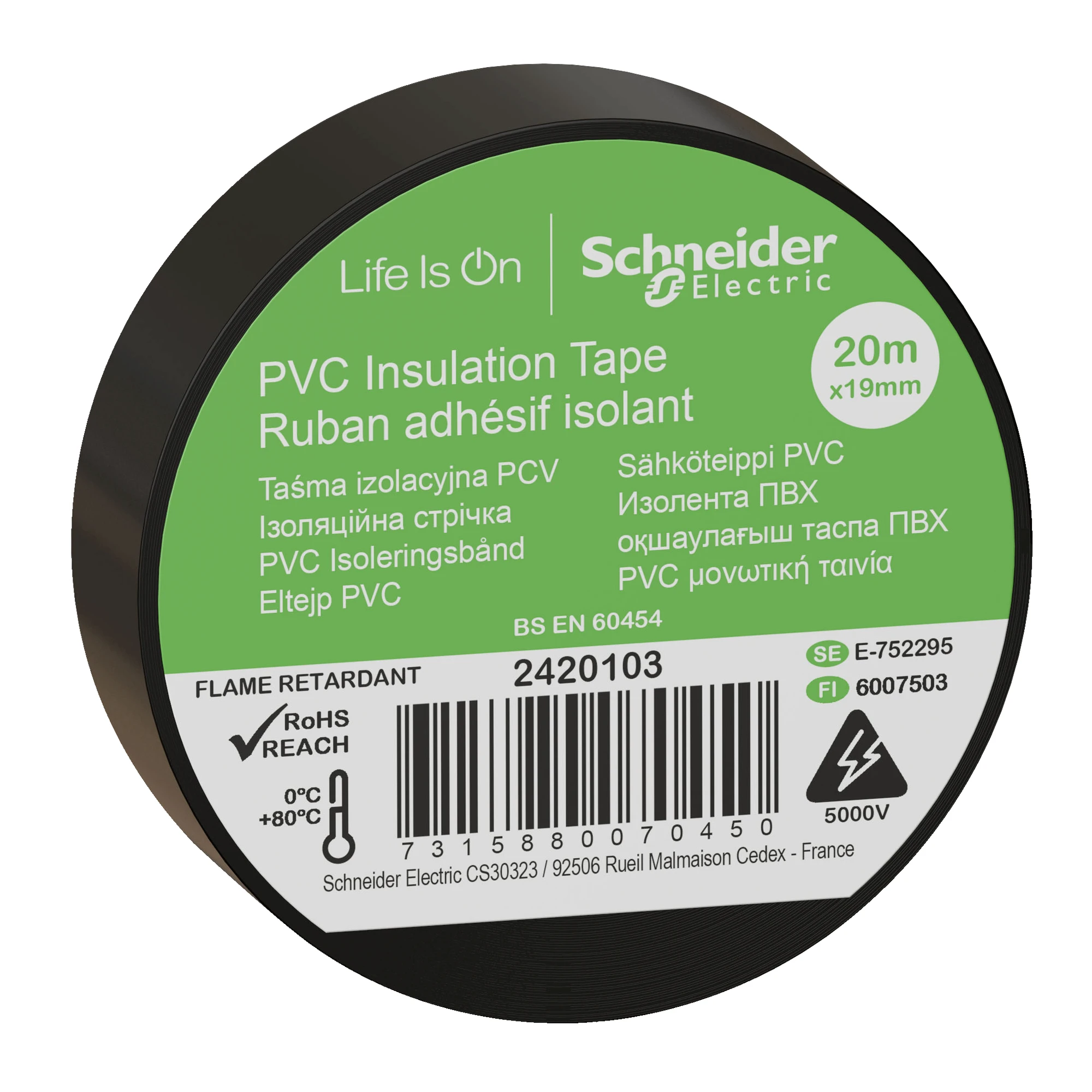 Schneider Electric 2420103 PVC Insulation Tape W=19mm, Length: 20m, Color: black, (PU=8 rolls) (img_001) Schneider Electric 2420103 PVC Insulation Tape W=19mm, Length: 20m, Color: black, (PU=8 rolls) (img_001)
