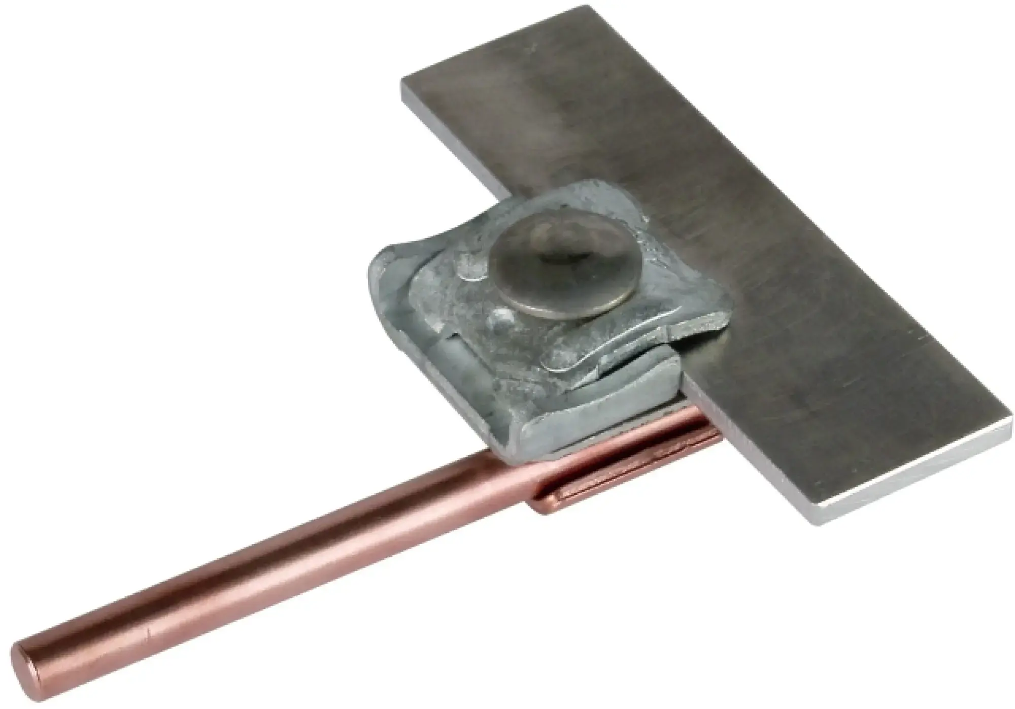 Dehn 365127 Bimetallic saddle clamp Cu-St/tZn clamping range 0.7-8mm for Rd 6-10mm (img_001) Dehn 365127 Bimetallic saddle clamp Cu-St/tZn clamping range 0.7-8mm for Rd 6-10mm (img_001)