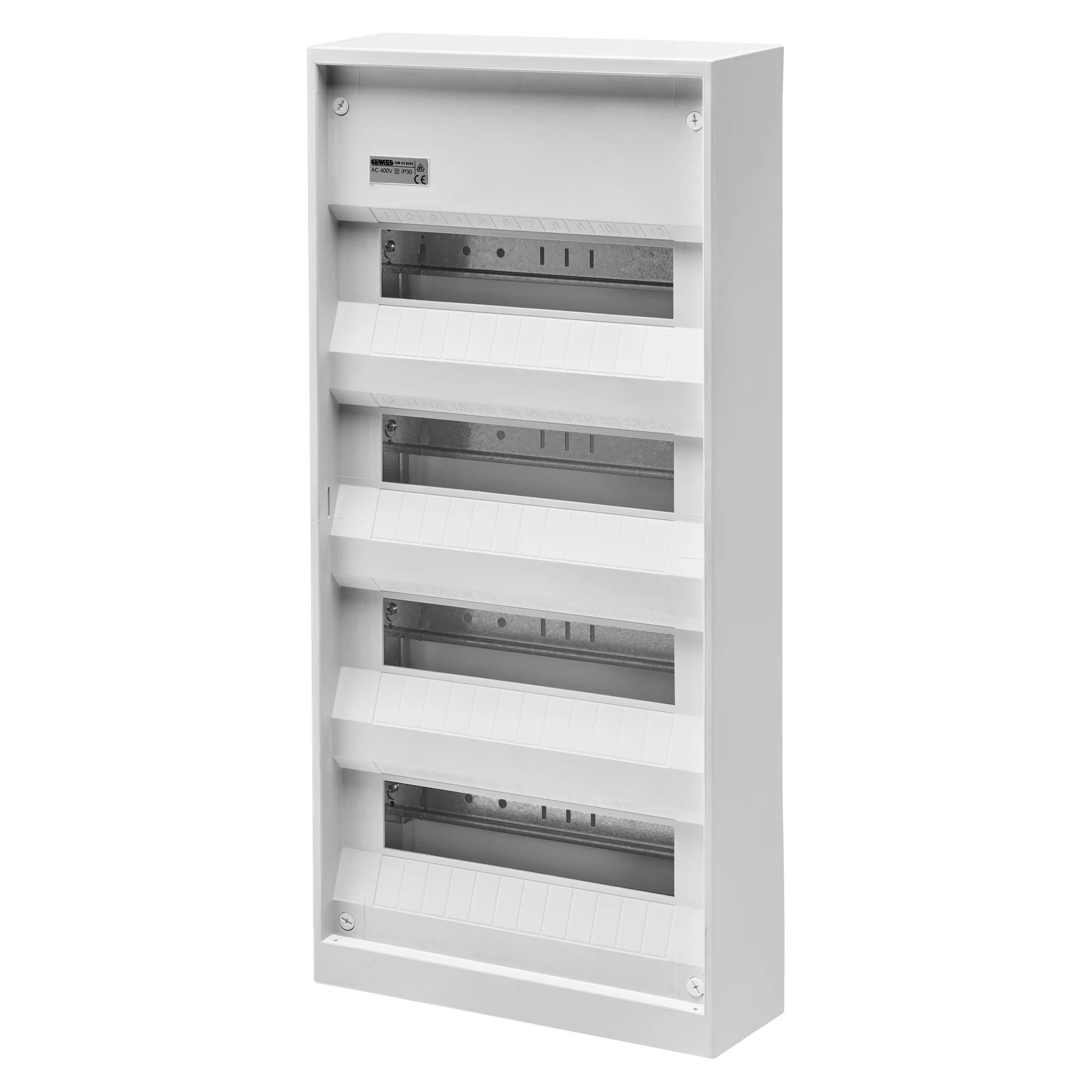 GEWISS GW43024S SURFACE MOUNTING ENCLOSURE - GERMAN STANDARD -WITH TERMINAL BLOCK - 48 (12X4) MODULES - IP30 (img_001) GEWISS GW43024S SURFACE MOUNTING ENCLOSURE - GERMAN STANDARD -WITH TERMINAL BLOCK - 48 (12X4) MODULES - IP30 (img_001)