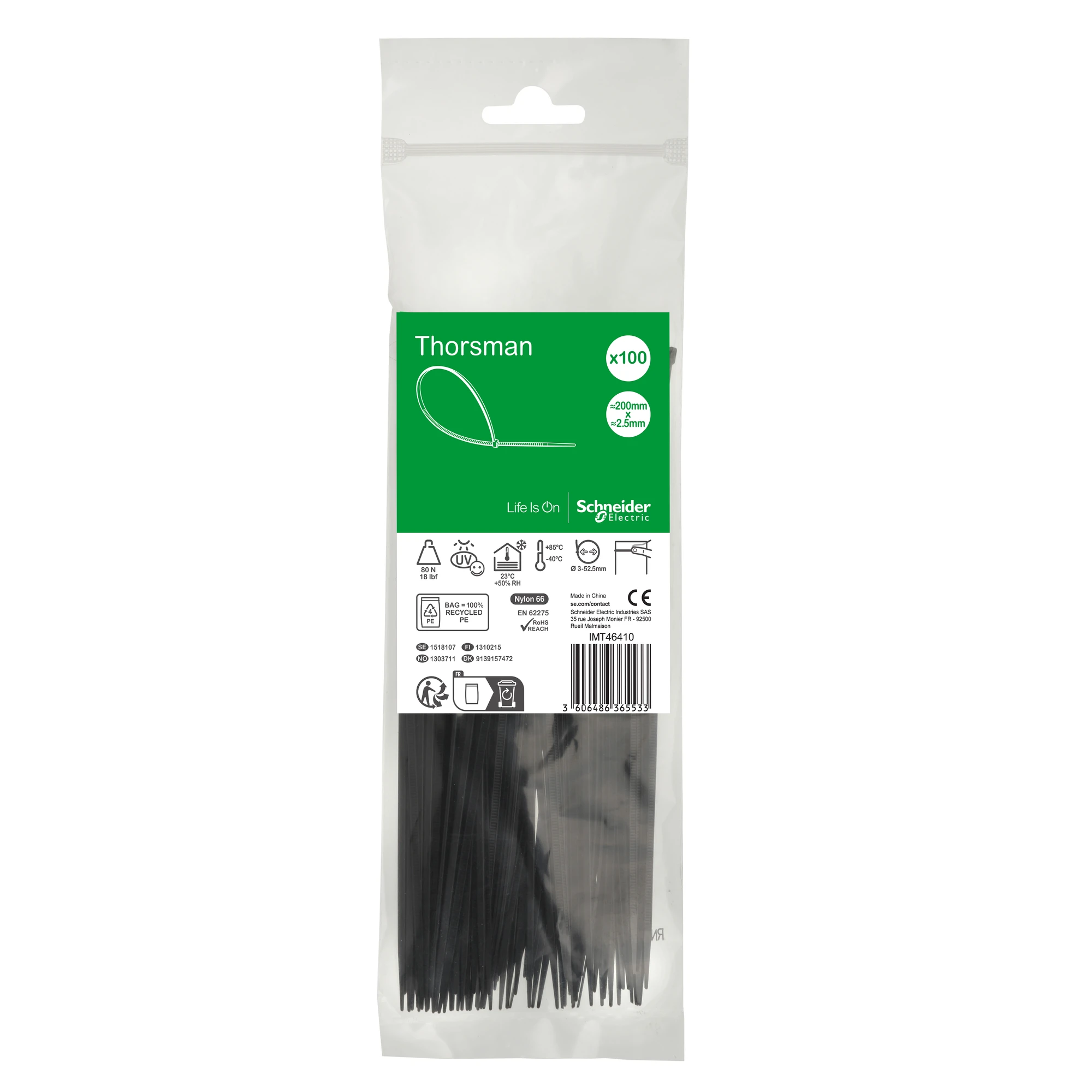 Schneider Electric IMT46410 Thorsman Cable Tie, Dimensions: 200X2.5 mm, pack of 100 pieces color black (img_001)