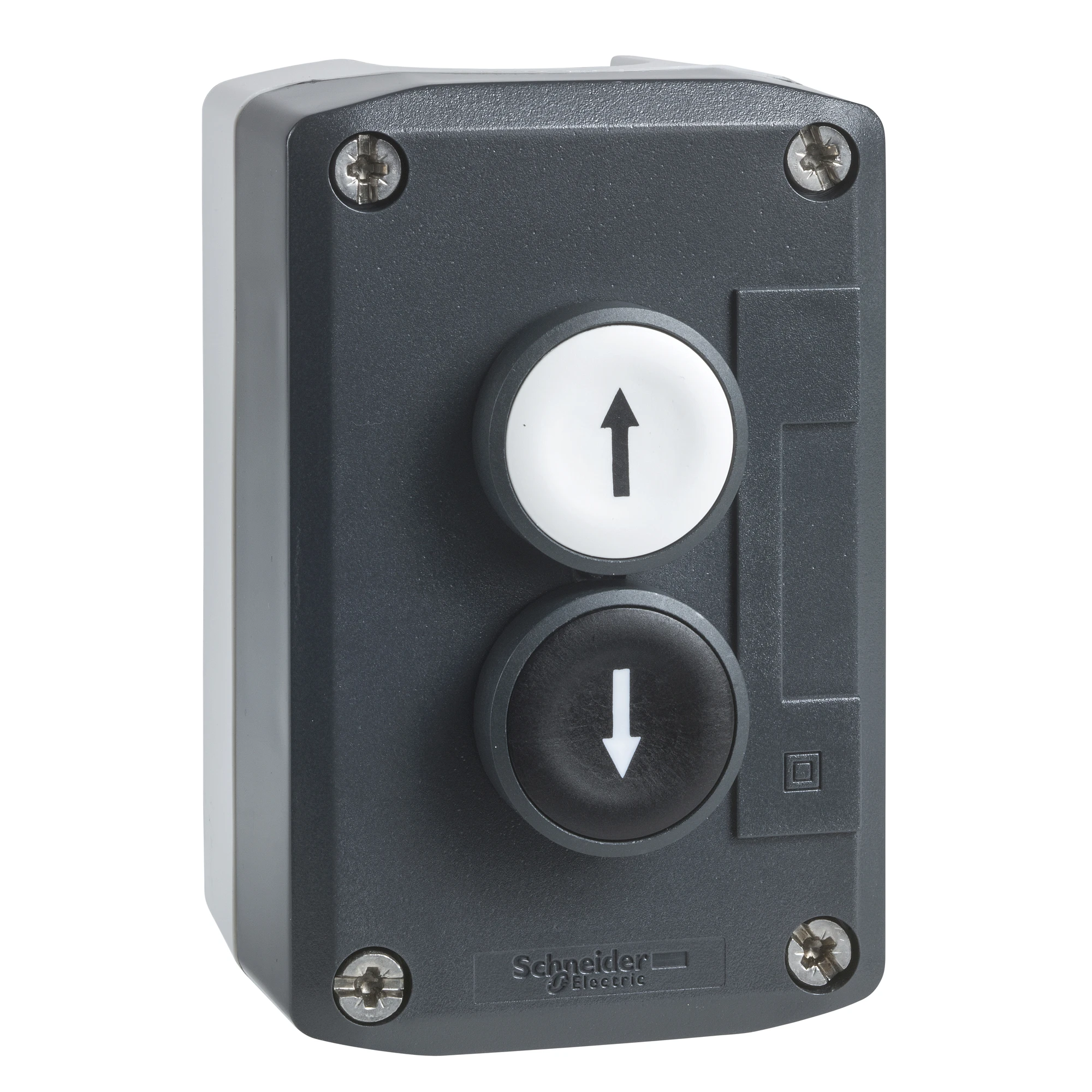 Schneider Electric XALD222E Surface mounting enclosure, Harmony XALD, plastic, dark grey, 2 push-buttons, white, black, arrows up-down, 22mm, 2NO+2NC (img_001) Schneider Electric XALD222E Surface mounting enclosure, Harmony XALD, plastic, dark grey, 2 push-buttons, white, black, arrows up-down, 22mm, 2NO+2NC (img_001)