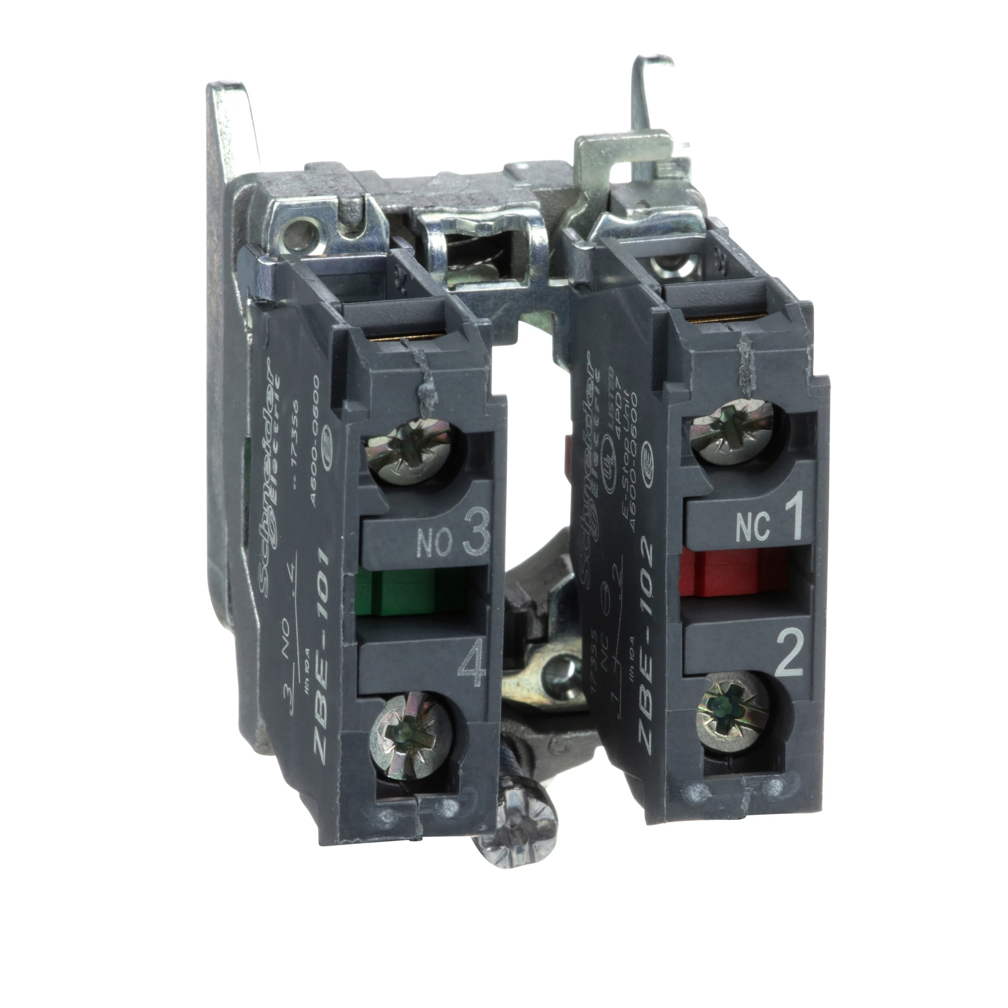 Schneider Electric ZB4BZ105 Auxiliary contact block with mounting flange, Harmony XB4, Metal, 22mm, 30mm, 1NC+1NO, Screw terminal (img_001)