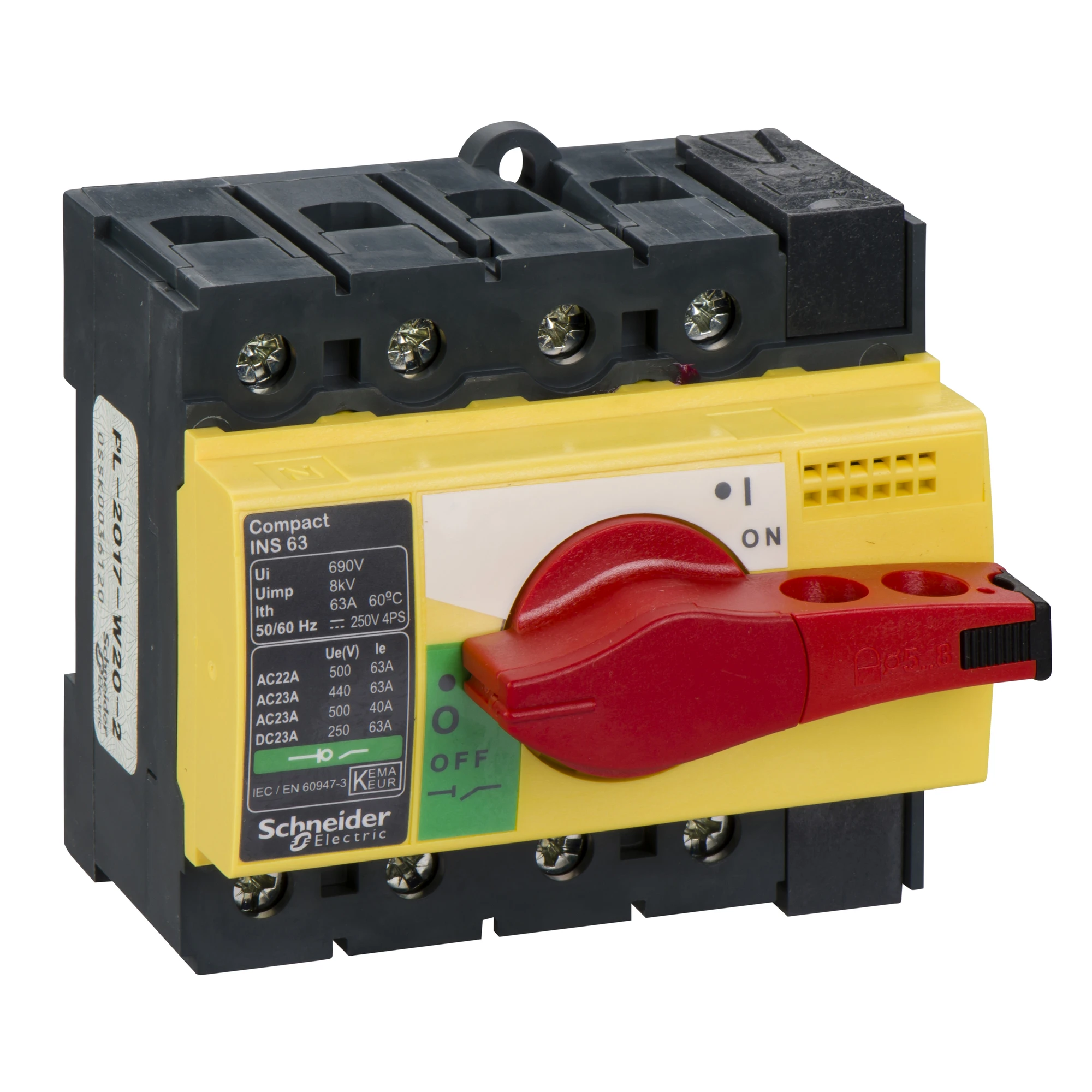Schneider Electric 28919 Load disconnect switch INS63, 4P, 63A/690V AC/250V DC, rotary drive red/yellow base (img_001)