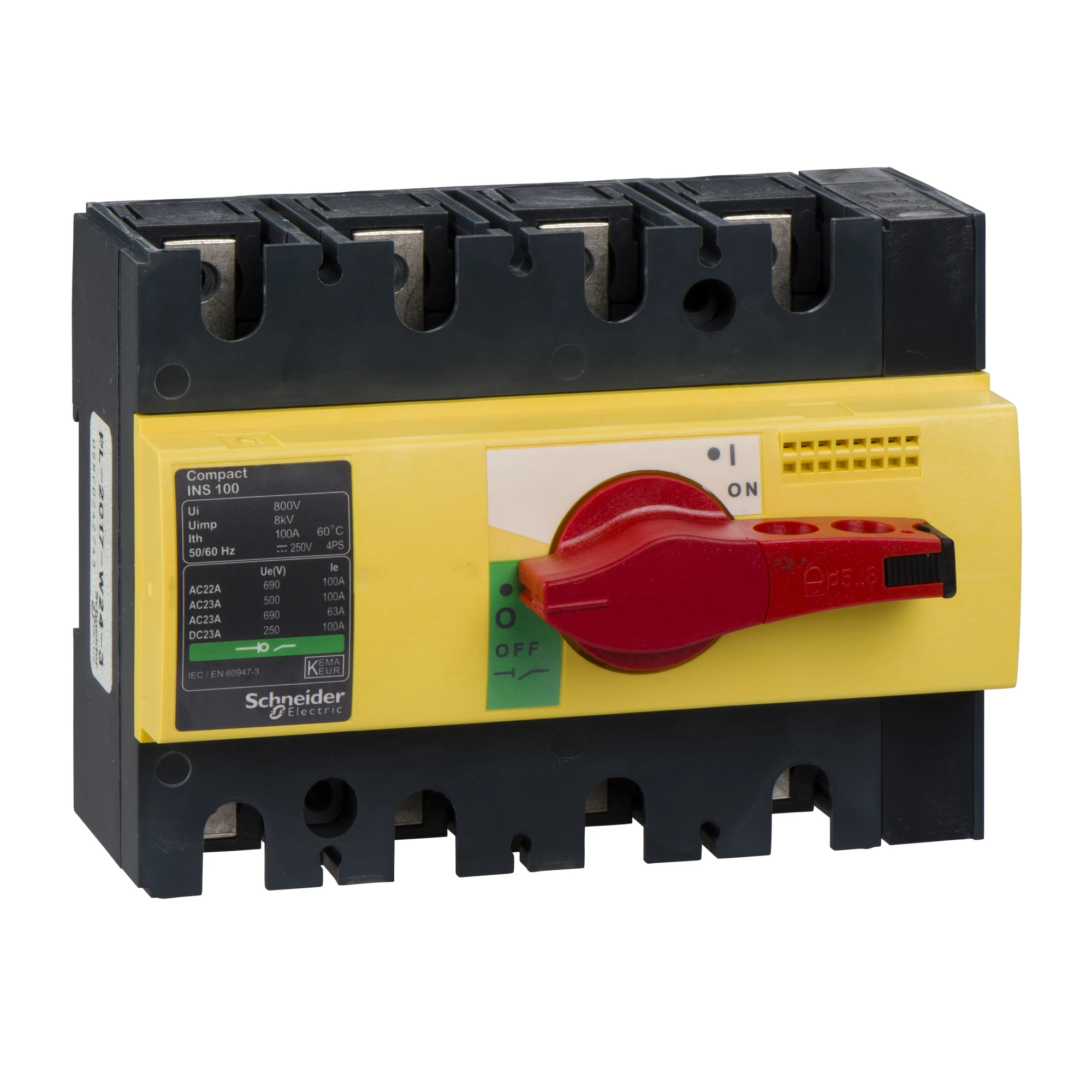 Schneider Electric 28925 Load disconnect switch INS100, 4P, 100A/690V AC/250V DC, rotary drive red/yellow base (img_001)