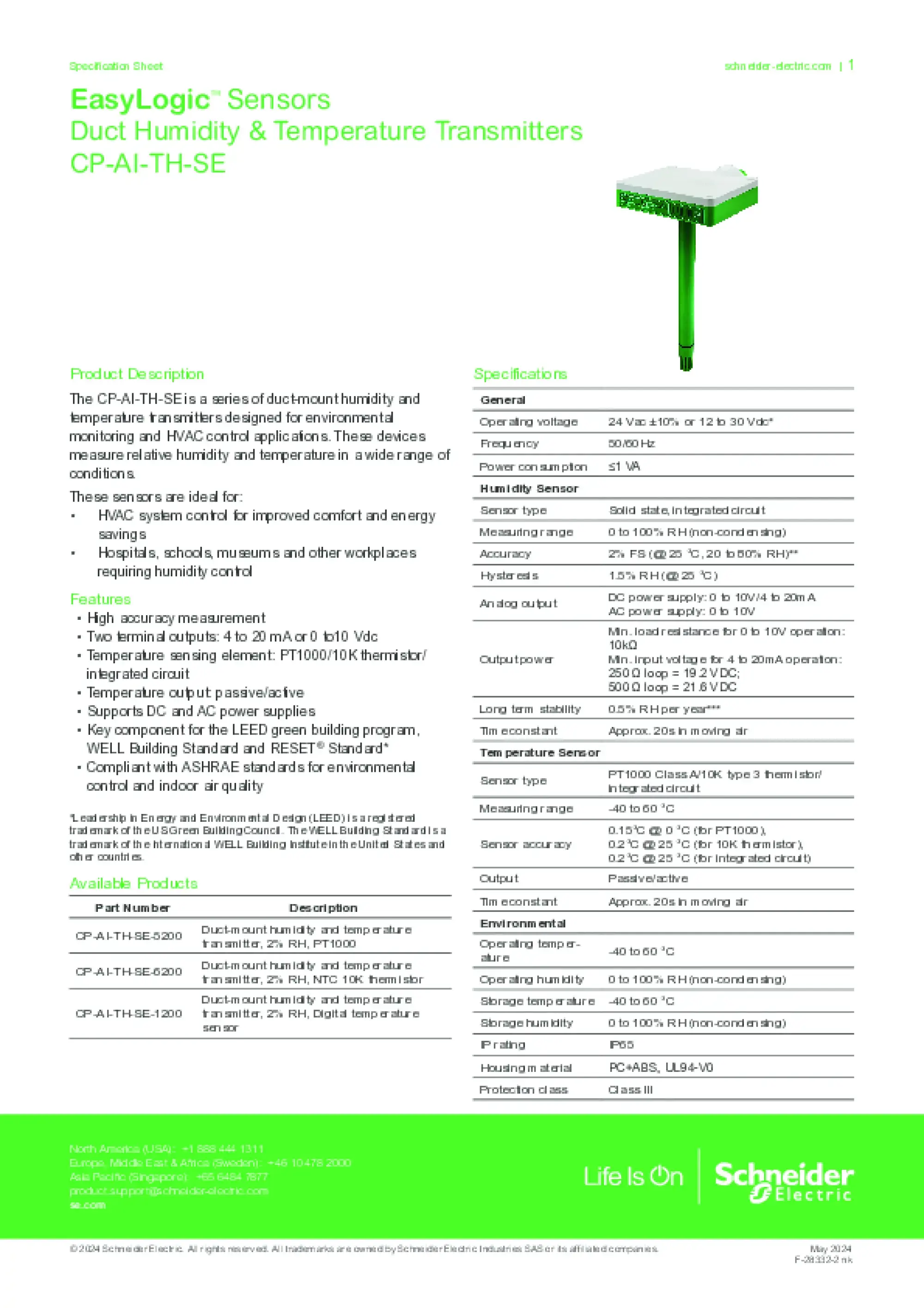Schneider Electric CP-AI-TH-SE-1200 EasyLogic CP 2% RH, Temp-Transmitter - Kanalmontage, Analog CP-AI-TH-SE-1200 (img_002)