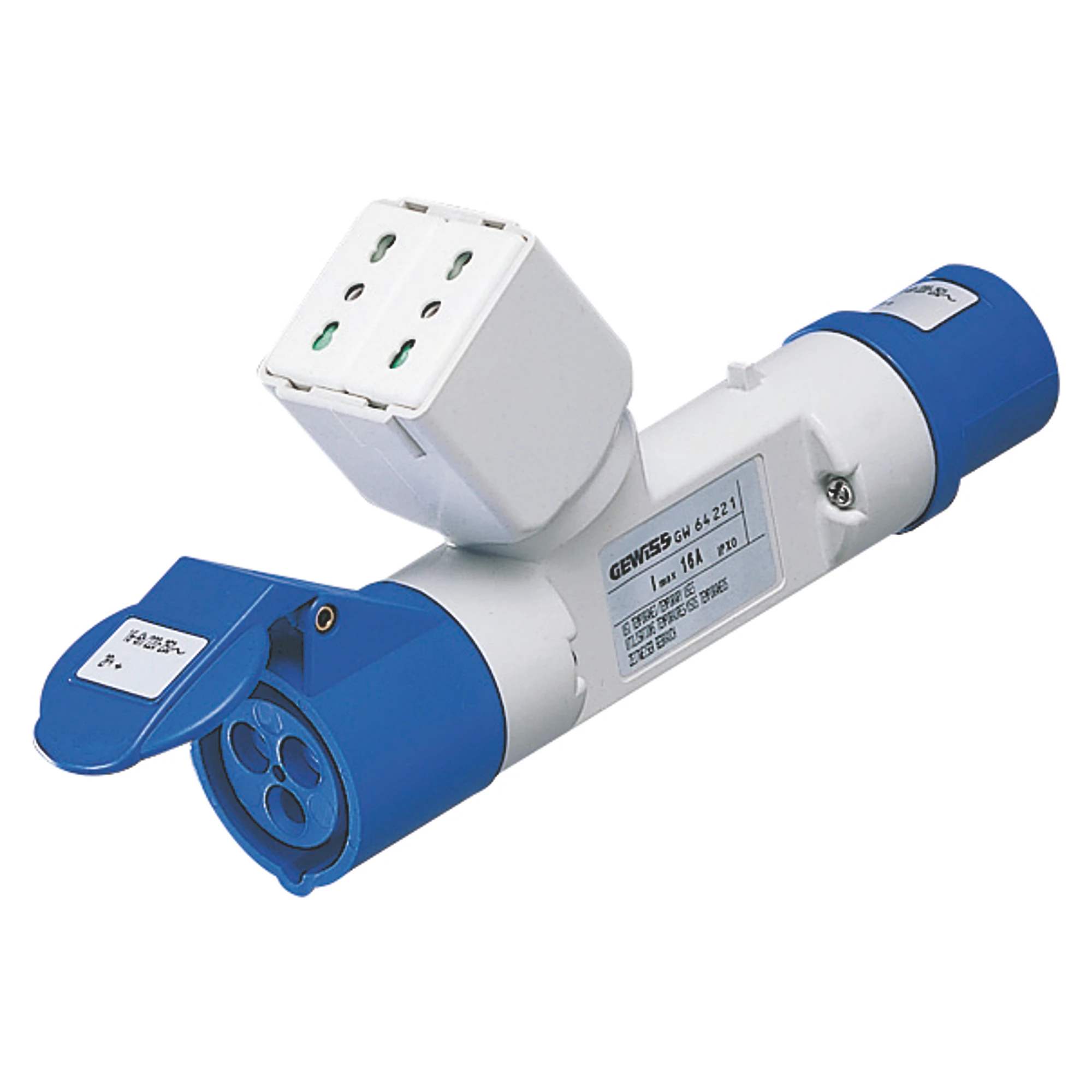 GEWISS GW64222 BRANCHED ADAPTOR IP44 - 1 BRANCHED OUTLET - WIRED - PLUG 2P+E 16A 230V ac 50/60HZ - 1 SOCKET-OUTLET 2P+E 16A DUAL AMP (P30/P17) + 1 2P+E 16A 230V ac (img_001) GEWISS GW64222 BRANCHED ADAPTOR IP44 - 1 BRANCHED OUTLET - WIRED - PLUG 2P+E 16A 230V ac 50/60HZ - 1 SOCKET-OUTLET 2P+E 16A DUAL AMP (P30/P17) + 1 2P+E 16A 230V ac (img_001)