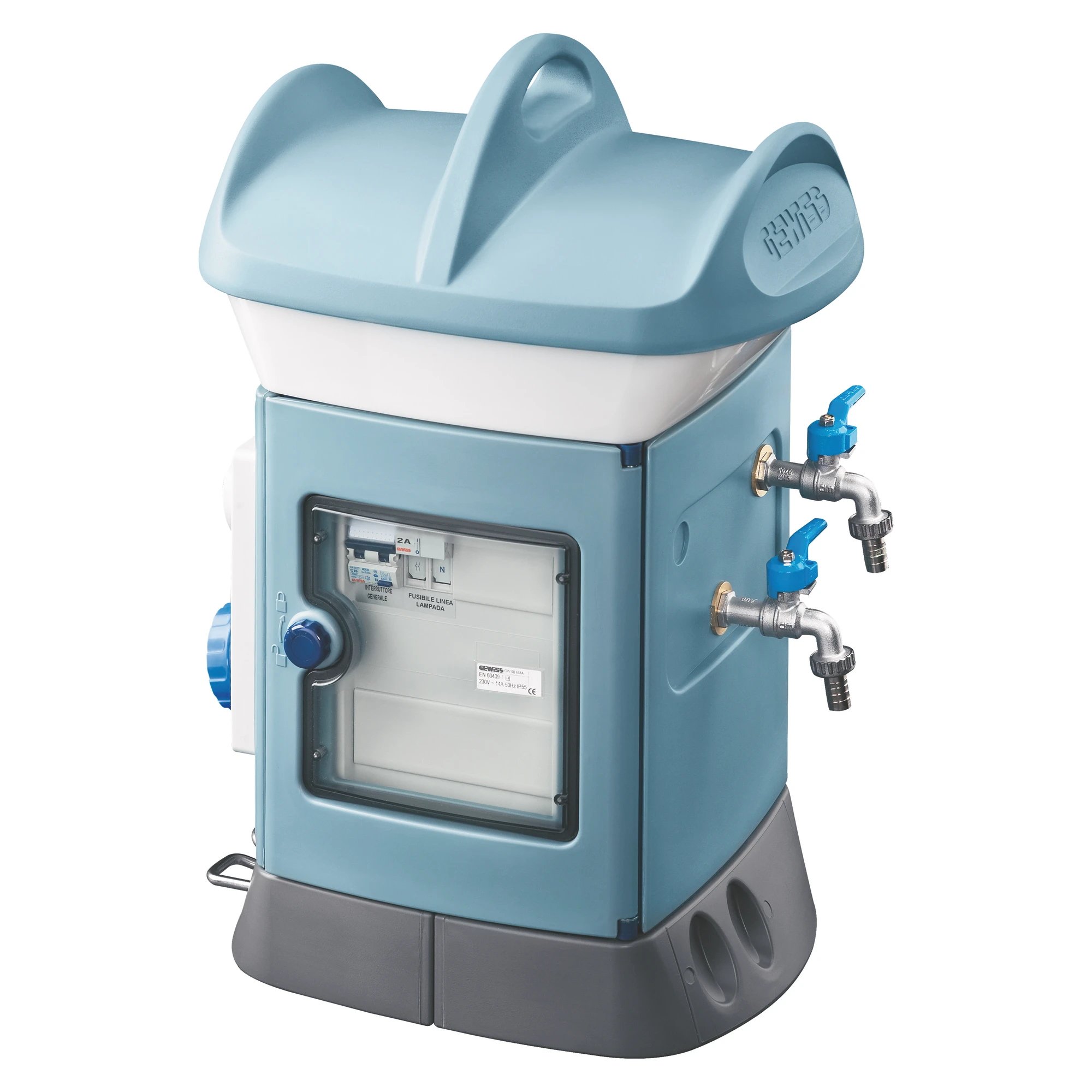 GEWISS GW68842A QMC16B - WIRED - SINLE SIDE TAKE-OFF - 1 SOCKET OUTLET 2P+E 16A 2 DOMESTIC SOCKET OUTLET 10/16A ITA/GER. - IP55 - LIGHT BLUE (img_001)