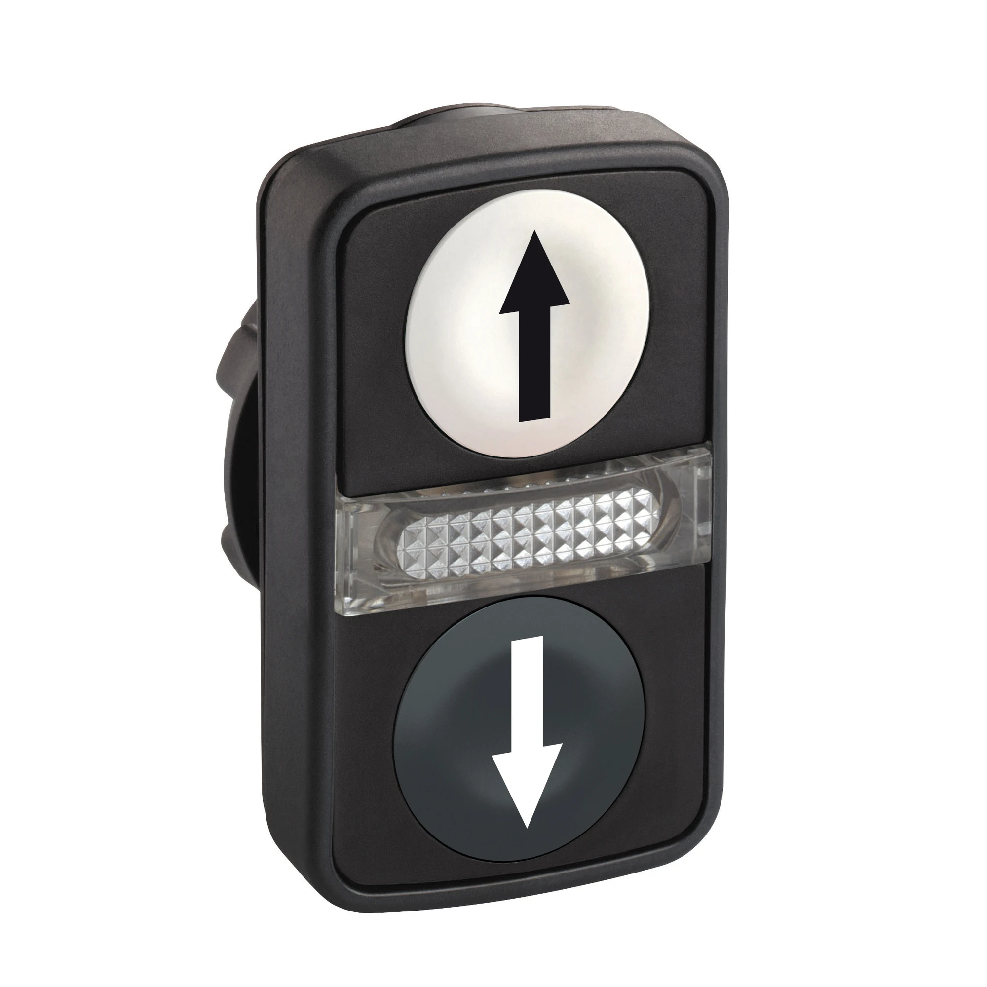 Schneider Electric ZB5AW7A1724 Double push button, front element, Harmony XB5, plastic, 22mm, white, black, labelled arrows up/down, illuminated (img_001) Schneider Electric ZB5AW7A1724 Double push button, front element, Harmony XB5, plastic, 22mm, white, black, labelled arrows up/down, illuminated (img_001)