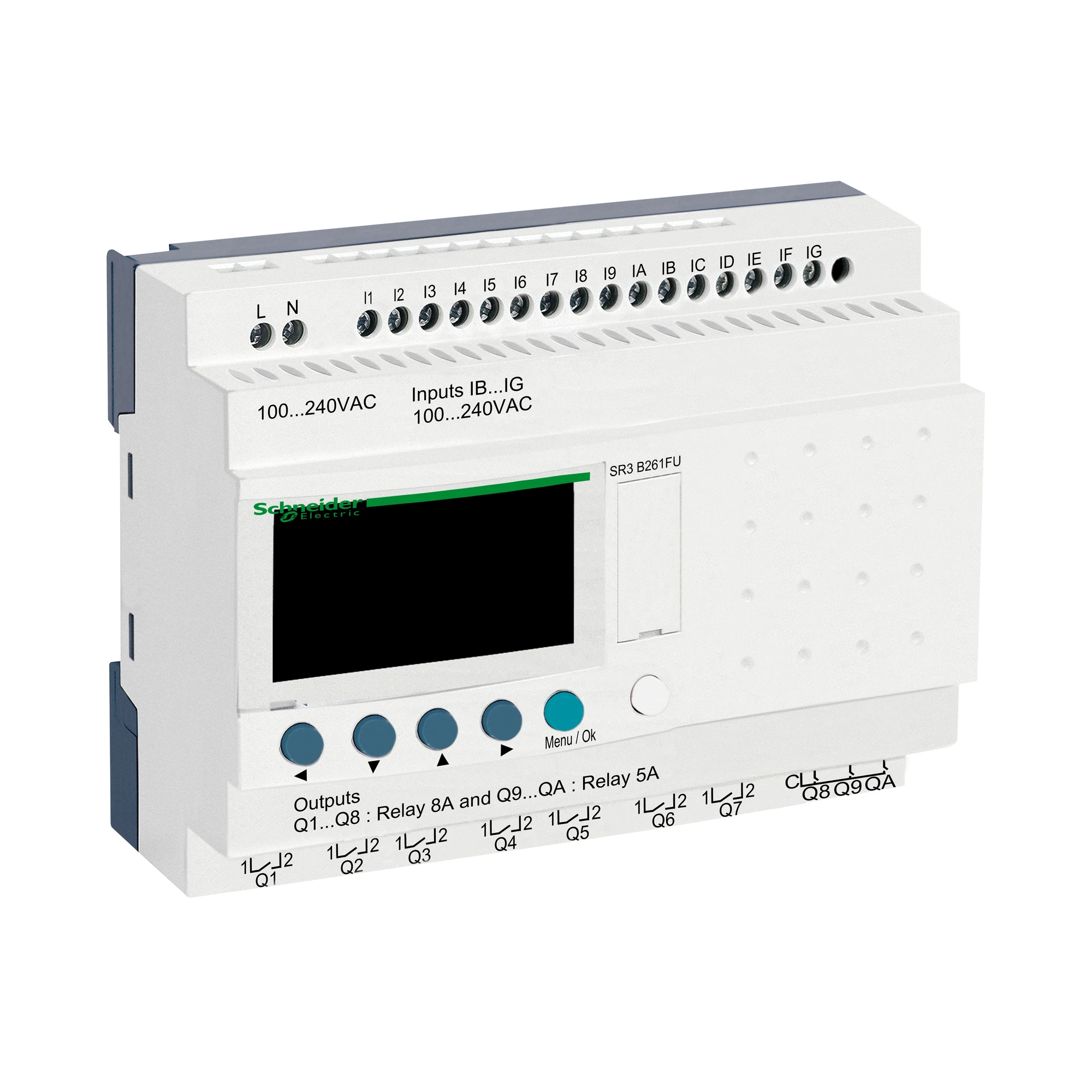 Schneider Electric SR3B261FU PLC control relay, Zelio Logic, modular design, 26 I/O, 100 to 240 VAC, display, clock, relay outputs (img_001) Schneider Electric SR3B261FU PLC control relay, Zelio Logic, modular design, 26 I/O, 100 to 240 VAC, display, clock, relay outputs (img_001)