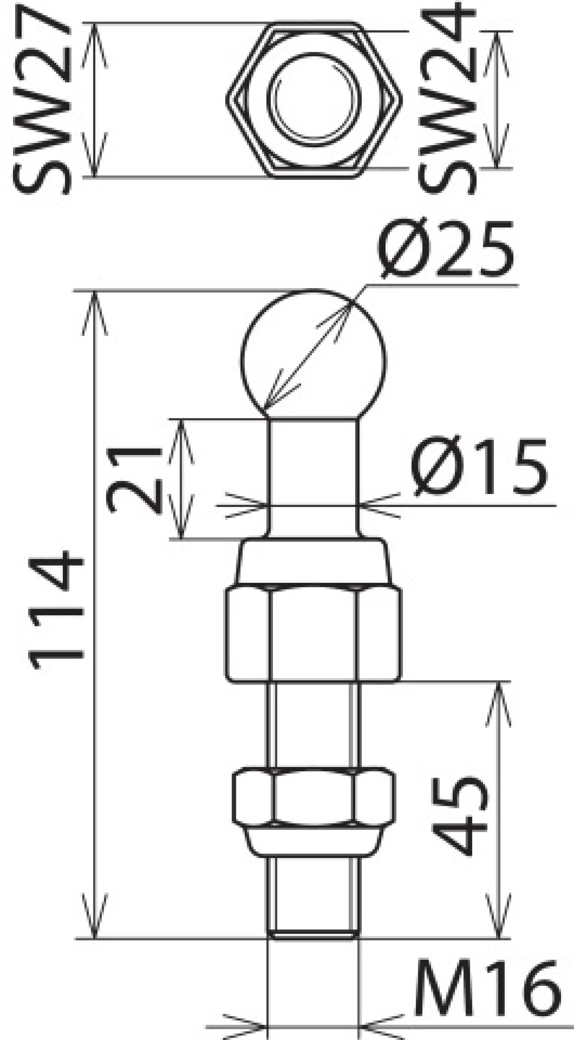 Dehn 755645 Fixed ball point D=25mm, straight with threaded bolt and nut M16x45mm (img_002)