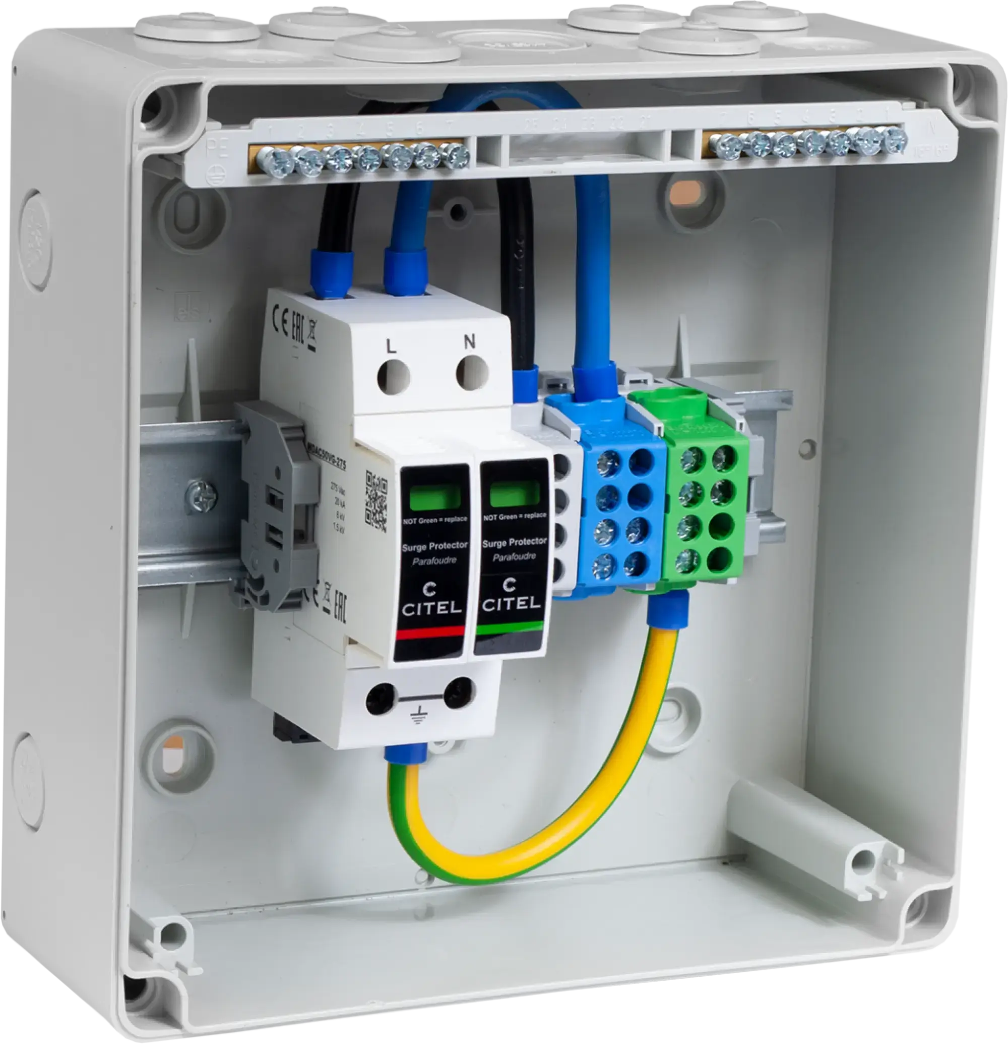Citel 159143 Anschlusskasten für Hauptstromversorgungen, TN-TT Netz, mit SPD Typ 2+3 (img_001) Citel 159143 Anschlusskasten für Hauptstromversorgungen, TN-TT Netz, mit SPD Typ 2+3 (img_001)