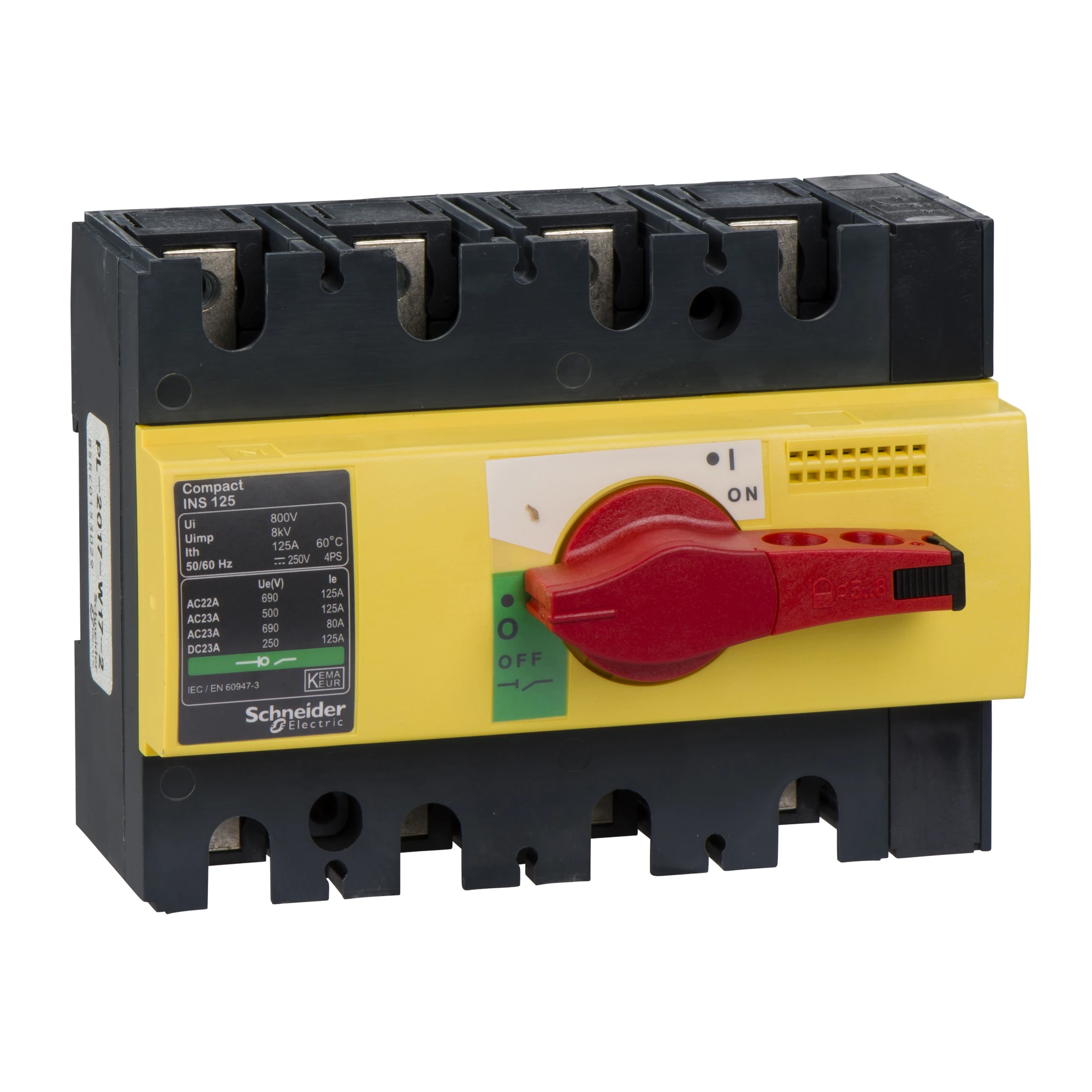 Schneider Electric 28927 Disconnect Switch INS125, 4P, 125A/690V AC/250V DC, Rotary Handle Red/Base Yellow (img_001)