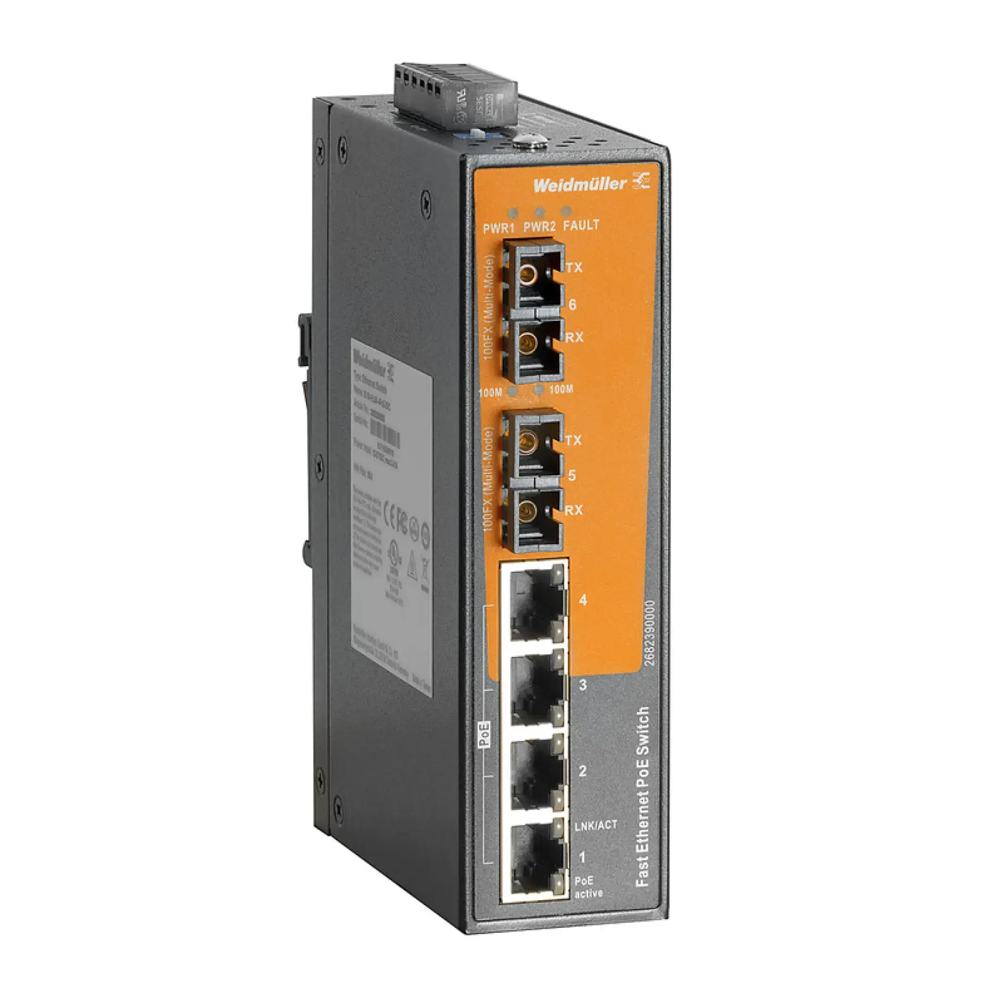 Weidmüller 2682390000 PoE switch, unmanaged PoE, Fast Ethernet, 4x RJ45 10/100 BaseT(X) PoE+, 2x SC Multi-mode, IP30, -40 °C...75 °C (img_001) Weidmüller 2682390000 PoE switch, unmanaged PoE, Fast Ethernet, 4x RJ45 10/100 BaseT(X) PoE+, 2x SC Multi-mode, IP30, -40 °C...75 °C (img_001)
