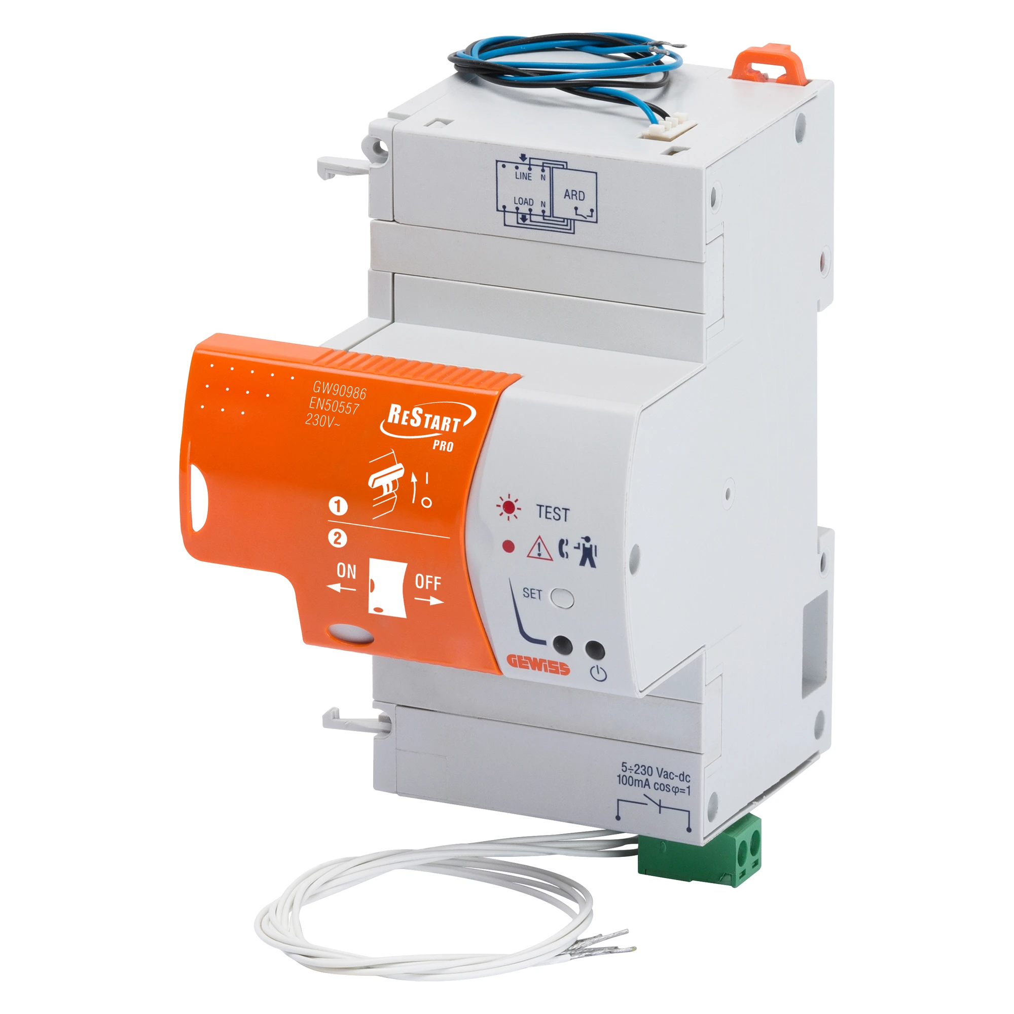 GEWISS GW90988 RESTART RM PRO - TO BE COUPLED WITH MDC - 4 POLES - 1P+N/2P/4P Idn=0,1/0,3 A 230 V - 3 MODULES EN 50022 (img_001)