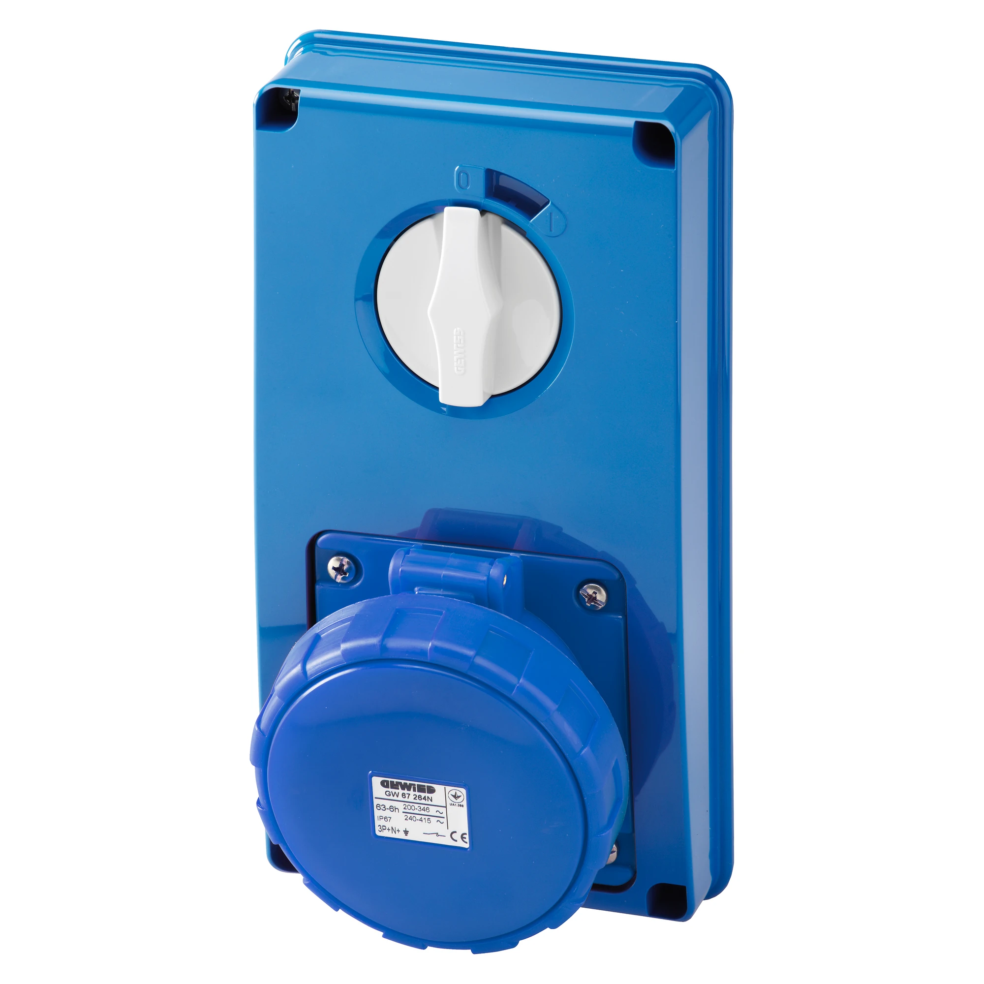 GEWISS GW67360N VERTICAL FIXED INTERLOCKED SOCKET OUTLET - WITHOUT BOTTOM - WITHOUT FUSE-HOLDER BASE - 3P+E 63A 200-250V - 50/60HZ 9H - IP67 (img_001)