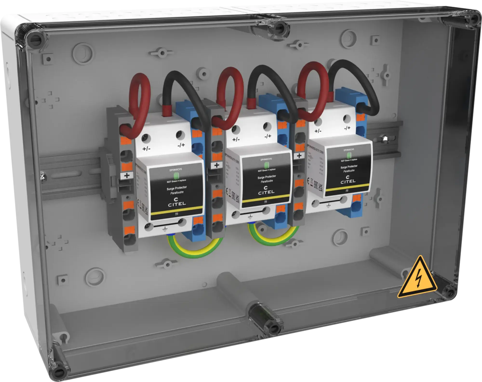 Citel 157306 Generatoranschlusskasten mit SPD Typ 2+3, 1200 VDC, 3-MPPT, 2 Strings (img_001) Citel 157306 Generatoranschlusskasten mit SPD Typ 2+3, 1200 VDC, 3-MPPT, 2 Strings (img_001)