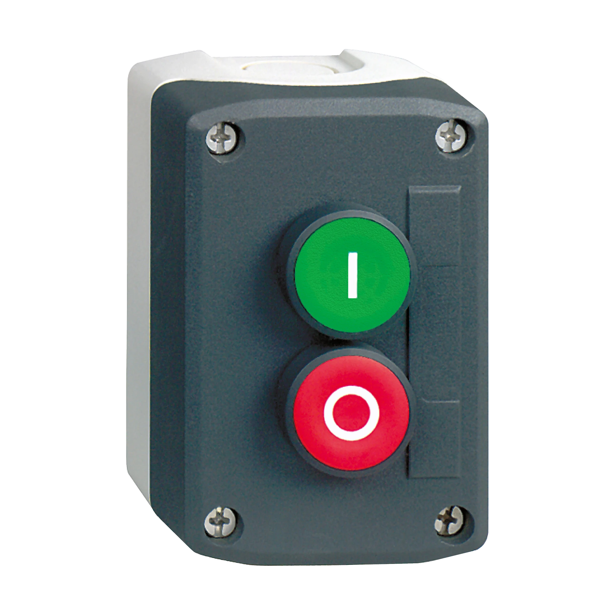 Schneider Electric XALD214 Surface mounting enclosure, Harmony XALD, plastic, dark grey, 2 push buttons, green, red, protruding, I-O, 22mm, 1NO+1NC (img_001) Schneider Electric XALD214 Surface mounting enclosure, Harmony XALD, plastic, dark grey, 2 push buttons, green, red, protruding, I-O, 22mm, 1NO+1NC (img_001)