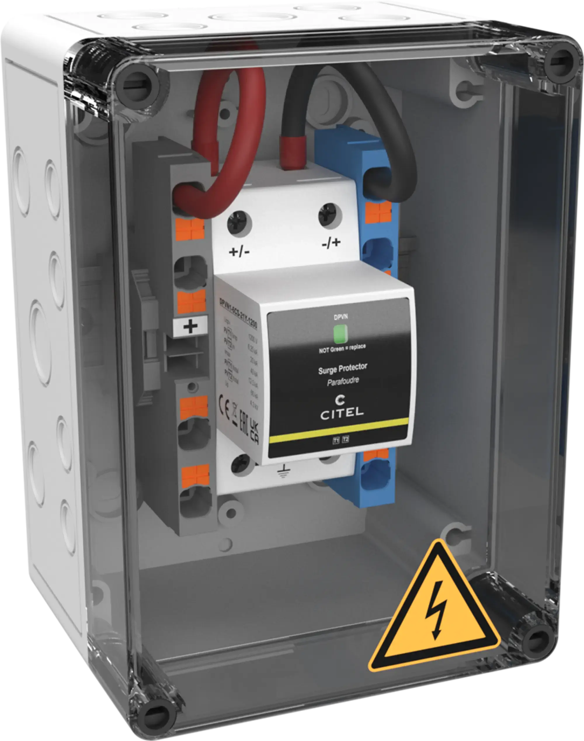 Citel 157108 Generatoranschlusskasten mit SPD Typ 1+2+3, 1200 VDC, 1-MPPT, 2 Strings (img_001) Citel 157108 Generatoranschlusskasten mit SPD Typ 1+2+3, 1200 VDC, 1-MPPT, 2 Strings (img_001)