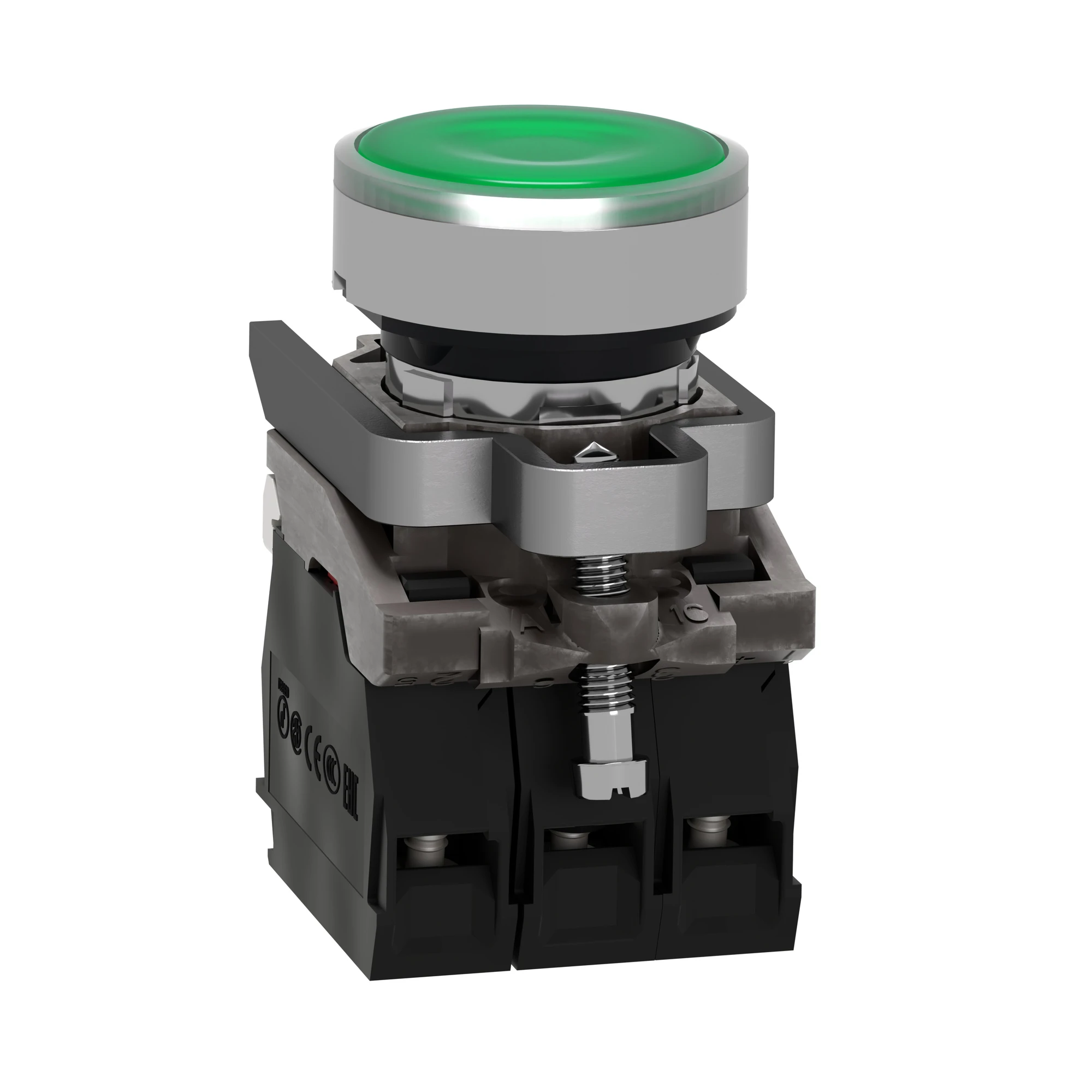 Schneider Electric XB4BW33G5 Illuminated pushbutton, Harmony XB4, metal, 22mm, green, unmarked, universal LED, smooth dome, 1NO+1NC, 110-120V AC (img_006)