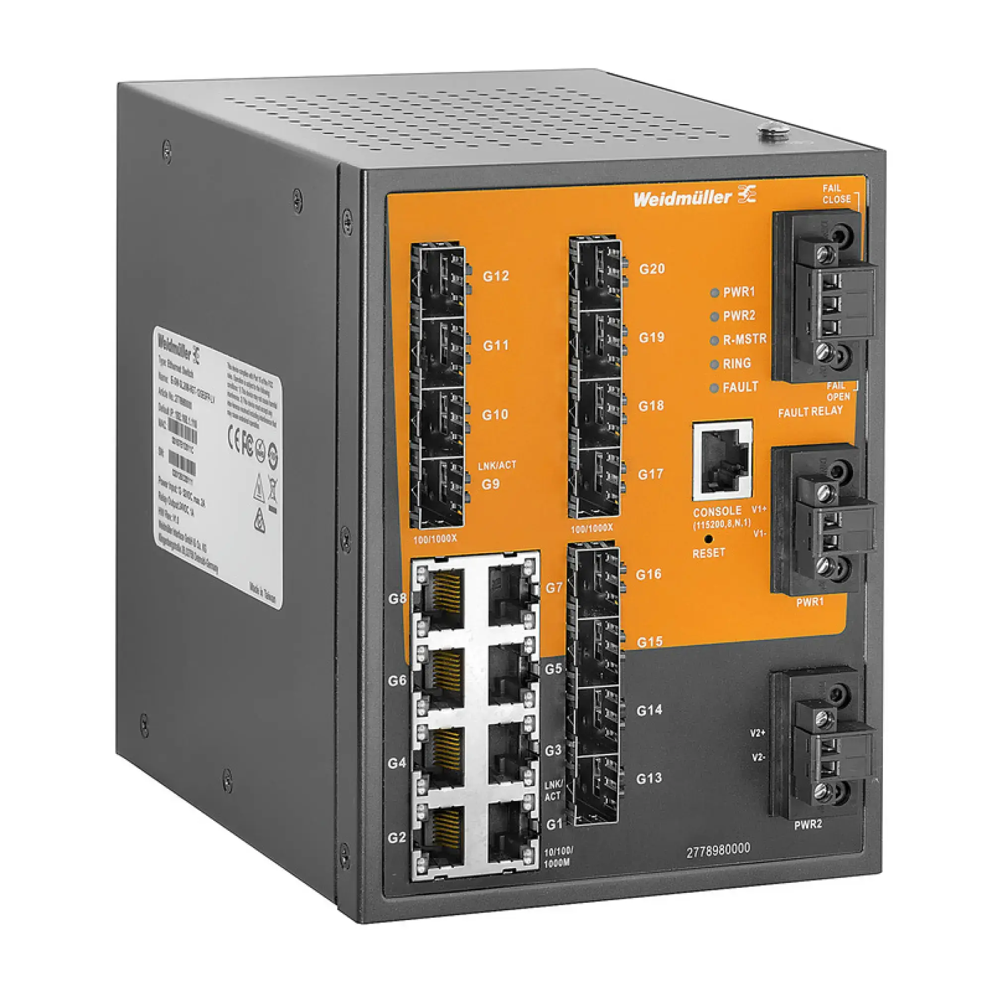 Weidmüller 2778980000 Network switch (managed), managed, Gigabit Ethernet, Number of ports: 8x RJ45, 12x 100/1000BaseSFP Slot, -40 °C...85 °C, IP30 (img_001) Weidmüller 2778980000 Network switch (managed), managed, Gigabit Ethernet, Number of ports: 8x RJ45, 12x 100/1000BaseSFP Slot, -40 °C...85 °C, IP30 (img_001)