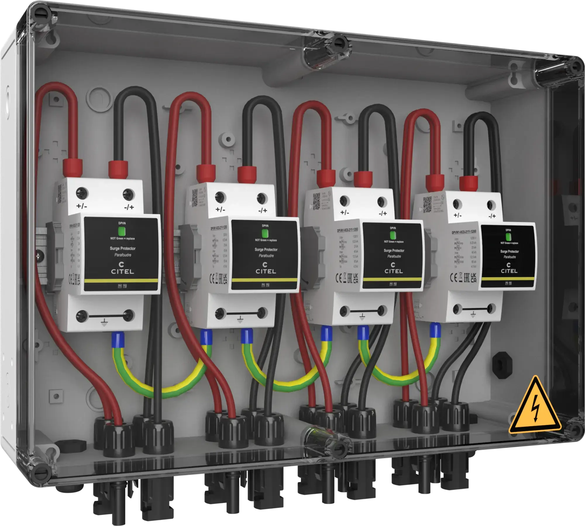 Citel 156644 Generatoranschlusskasten mit SPD Typ 1+2+3 bis 1200 VDC, 4-MPPT, 1 String MC4 (img_001) Citel 156644 Generatoranschlusskasten mit SPD Typ 1+2+3 bis 1200 VDC, 4-MPPT, 1 String MC4 (img_001)