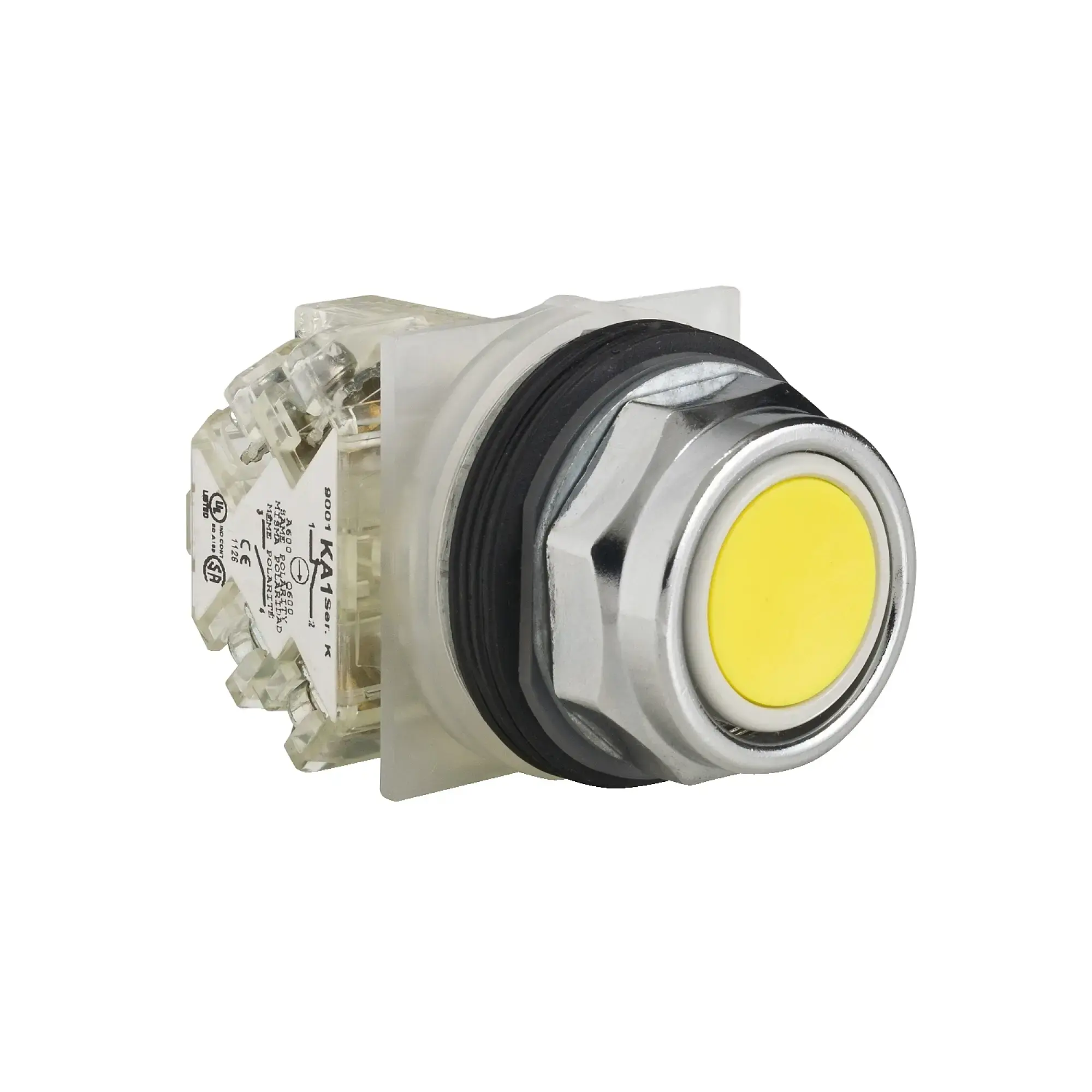 Schneider Electric 9001KR1YH13 Push-button, yellow without indicator lamp type K, Ø30, round, momentary contact, 10A, 1NC+1NO (img_002) Schneider Electric 9001KR1YH13 Push-button, yellow without indicator lamp type K, Ø30, round, momentary contact, 10A, 1NC+1NO (img_002)