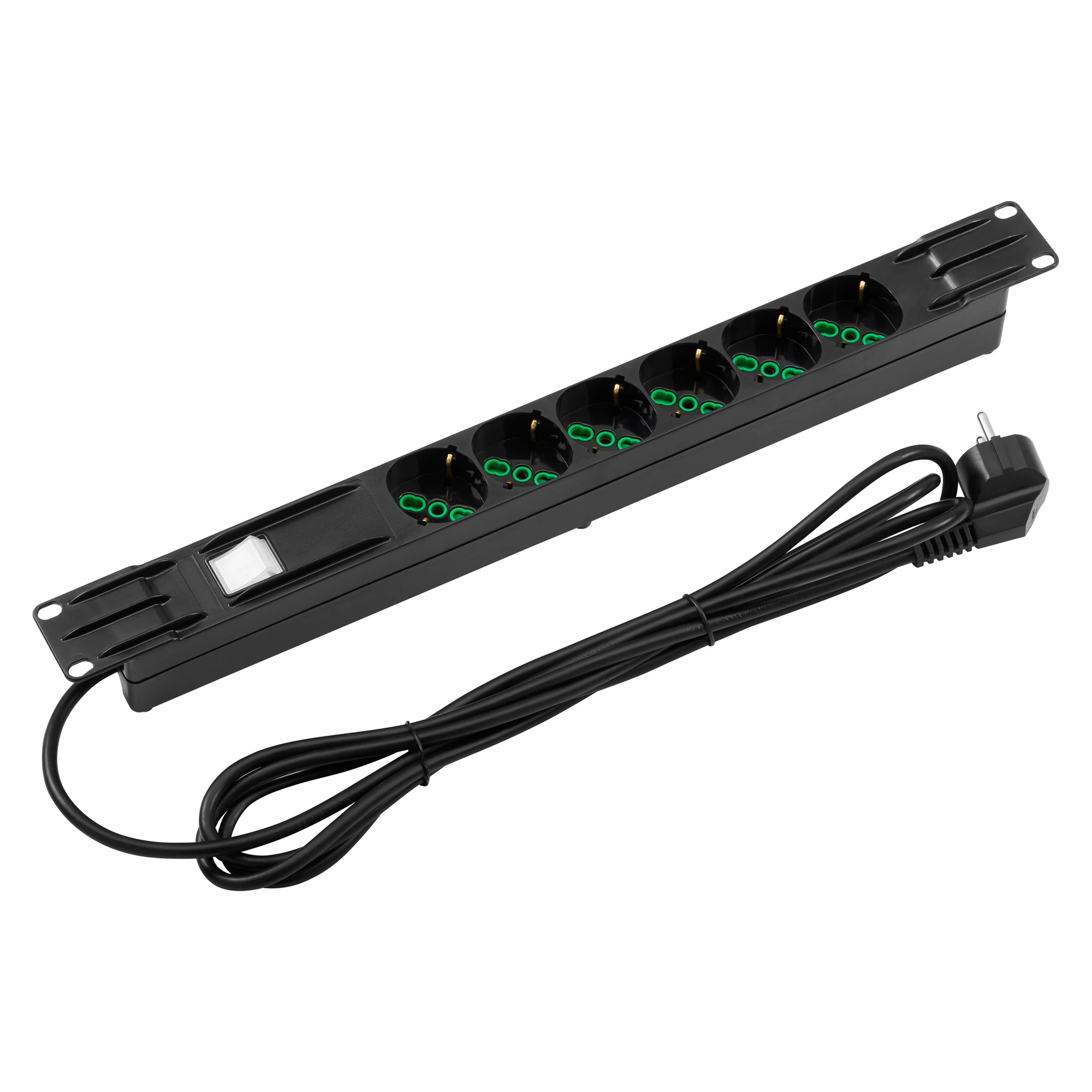 GEWISS GW38606 19'' POWER STRIP - 6 SOCKETS 2P+E 16A DUAL AMPERAGE ITALIAN/GERMAN STANDARD - DUAL POLE LUMINOUS SWITCH - 1U - BLACK (img_001)