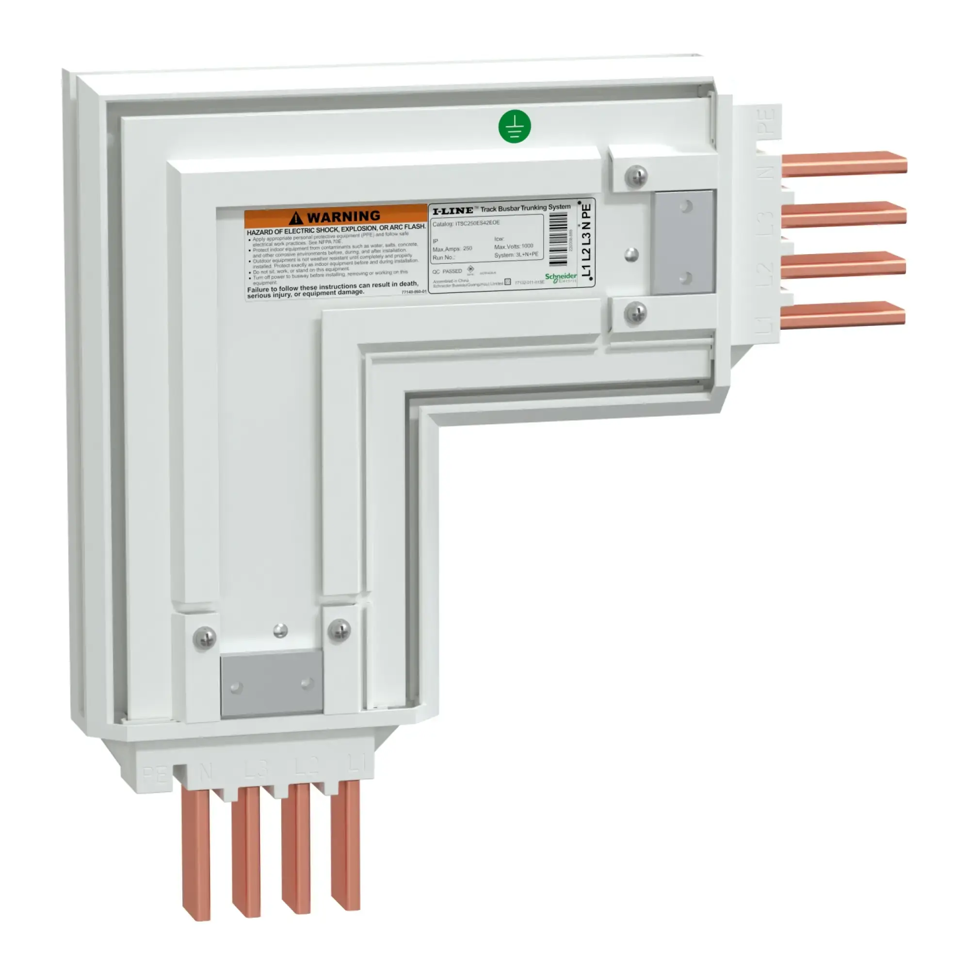 Schneider Electric ITSC250ES42EOE Winkelkasten, I-Line Track, 250A, Kupfer, 3L+N+PE (PE Gehäuse), IP42, Länge 280 x 280mm, außen neutral, weiß RAL9003 ITSC250ES42EOE (img_001)